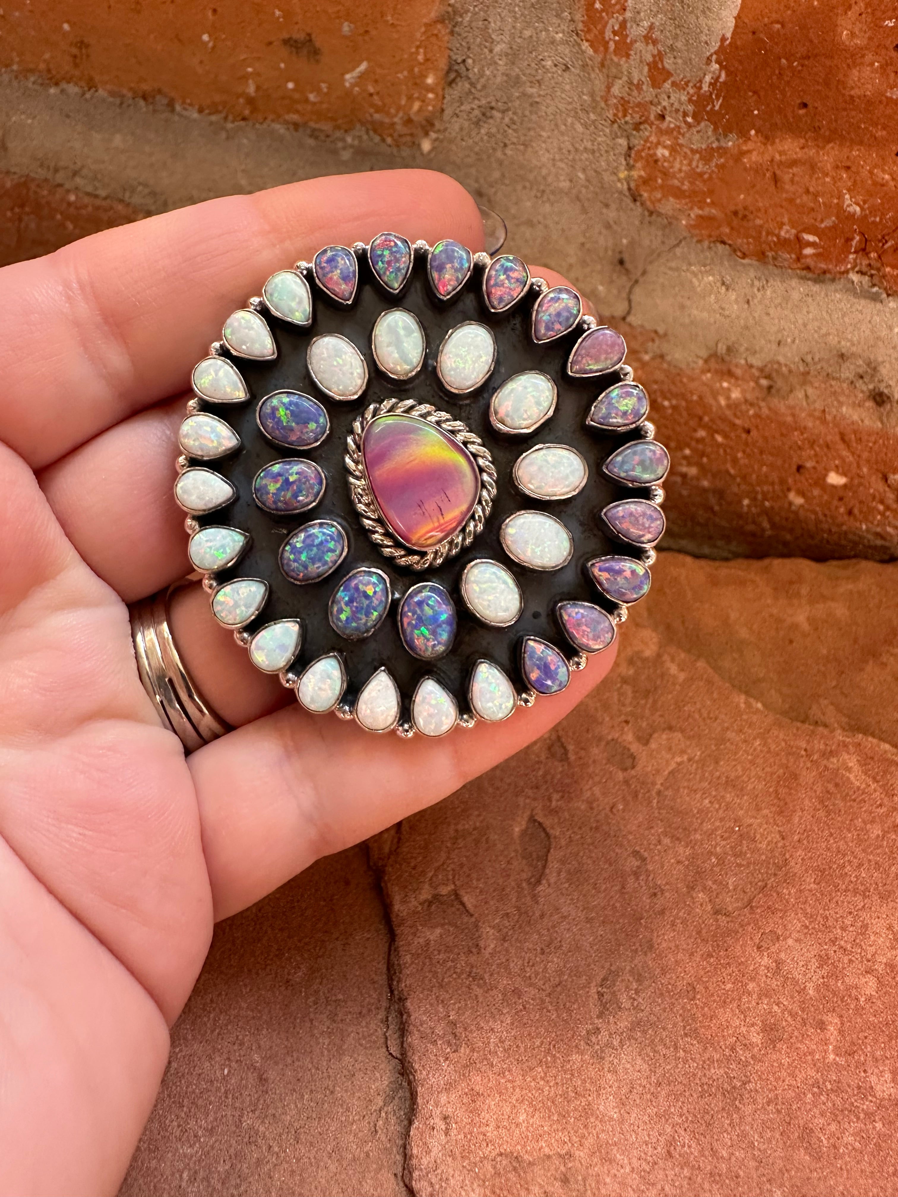 Beautiful Handmade Opal & Fire Opal And Sterling Silver Adjustable Ring