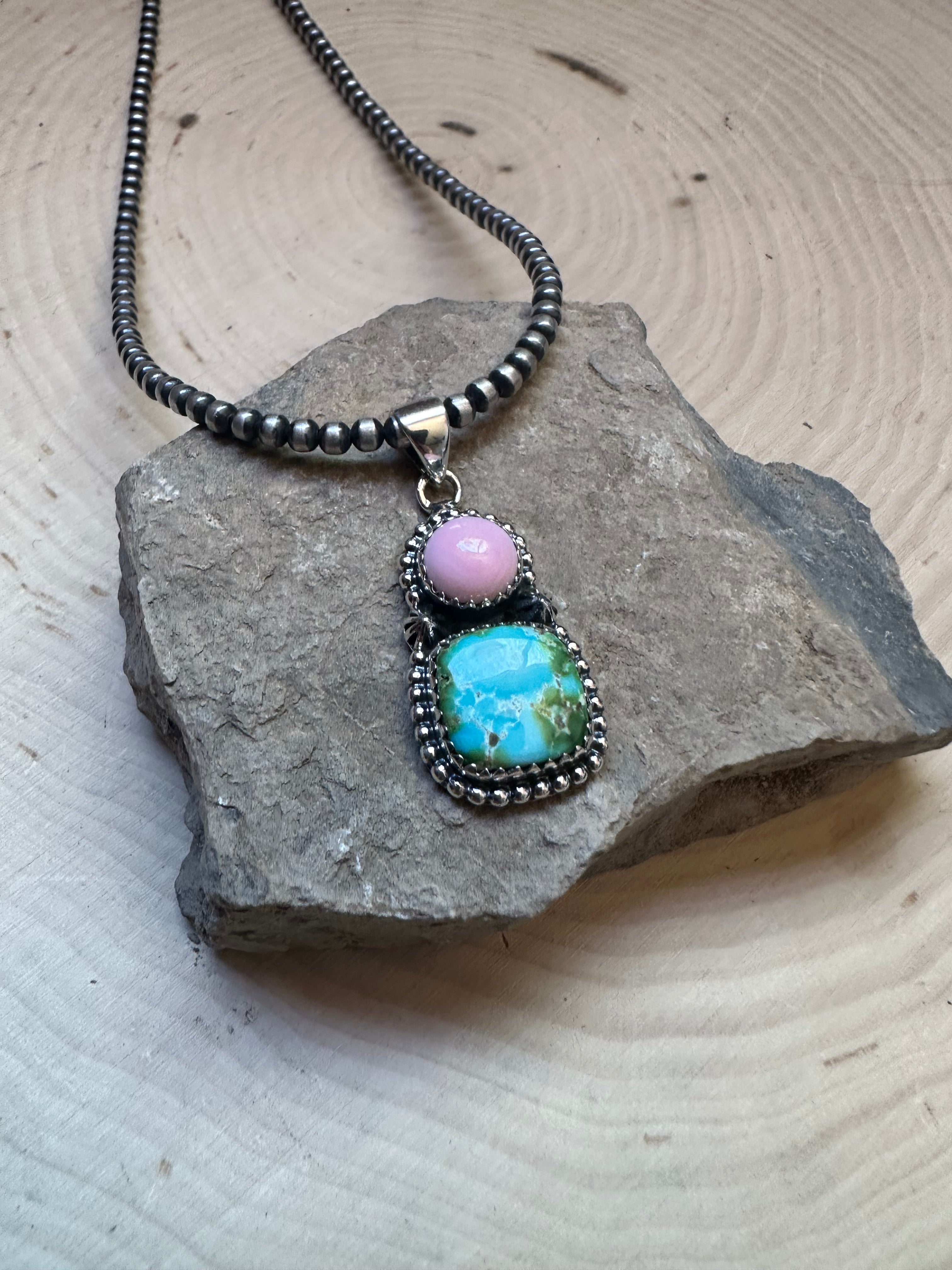 Handmade Pink Conch, Sonoran Turquoise & Sterling Silver 2 Stone Pendant Signed Nizhoni