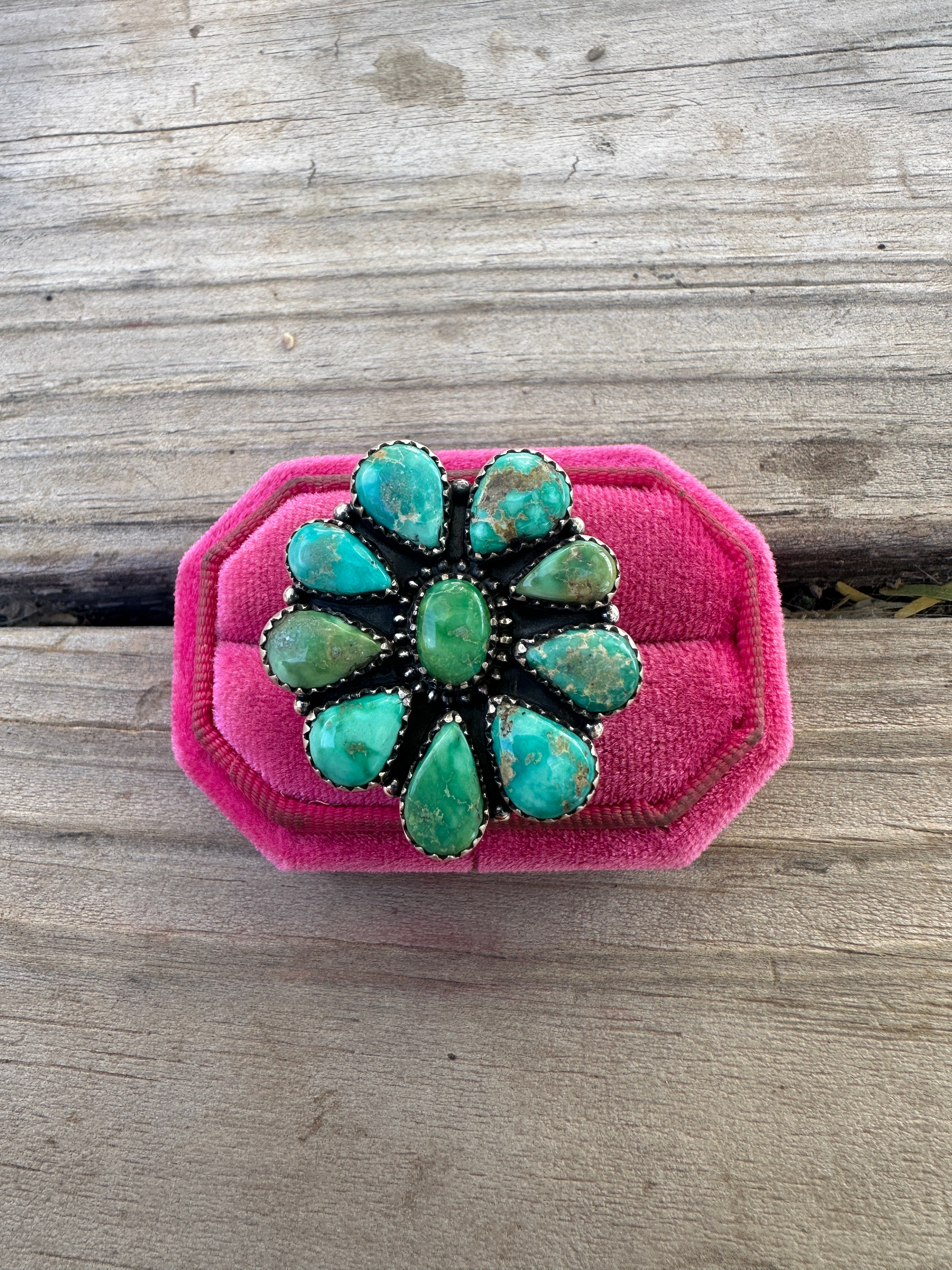 Handmade Emerald Valley Turquoise & Sterling Silver Adjustable Cluster Ring