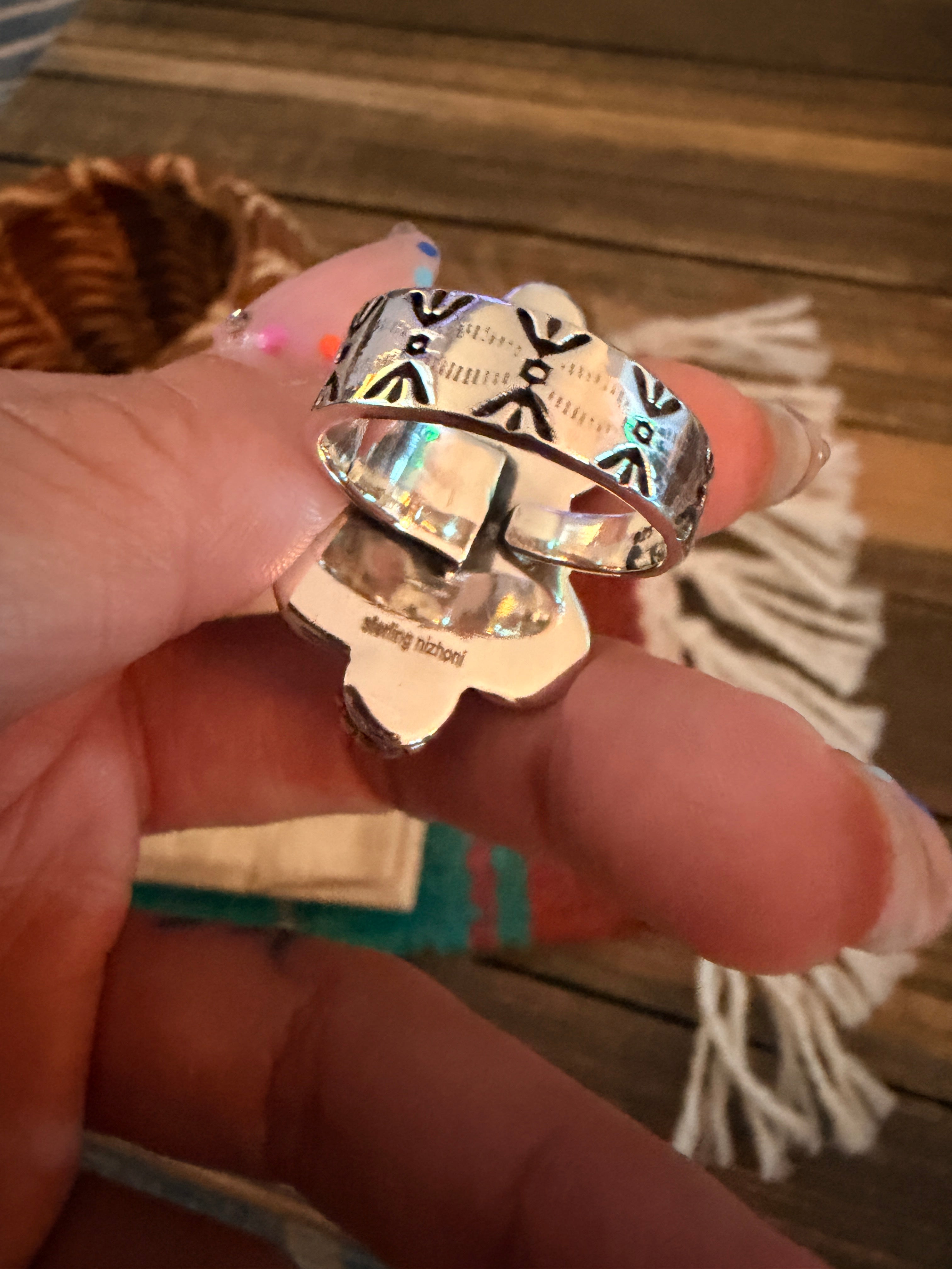 Handmade Sterling Silver Number 8 Turquoise Adjustable Ring Signed Nizhoni