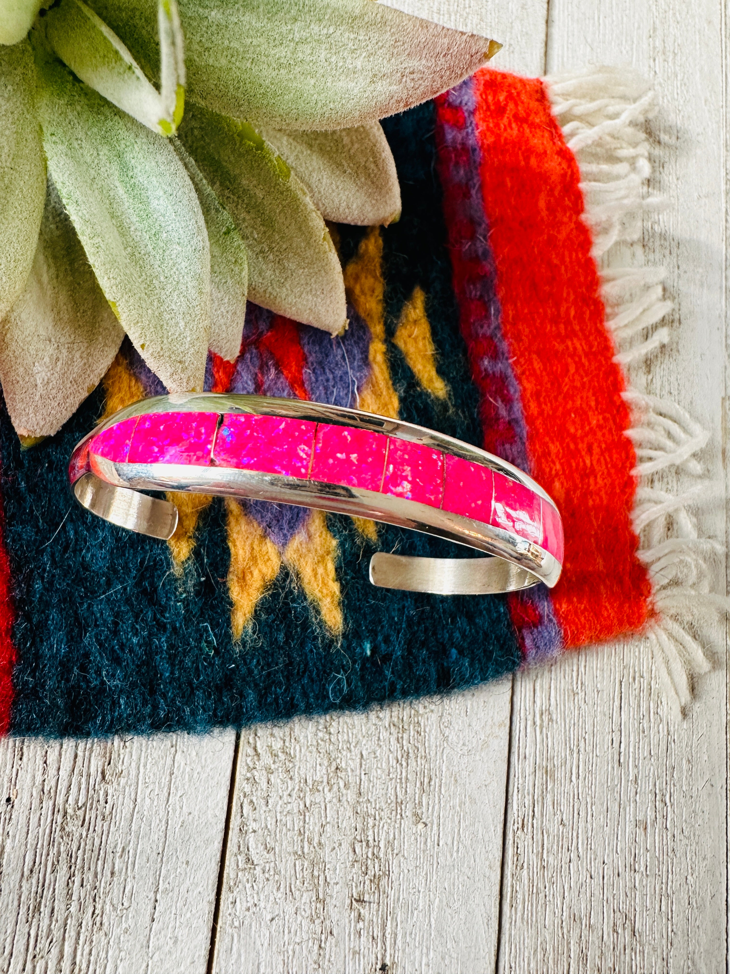 Navajo Sterling Silver & Hot Pink Opal Inlay Cuff Bracelet