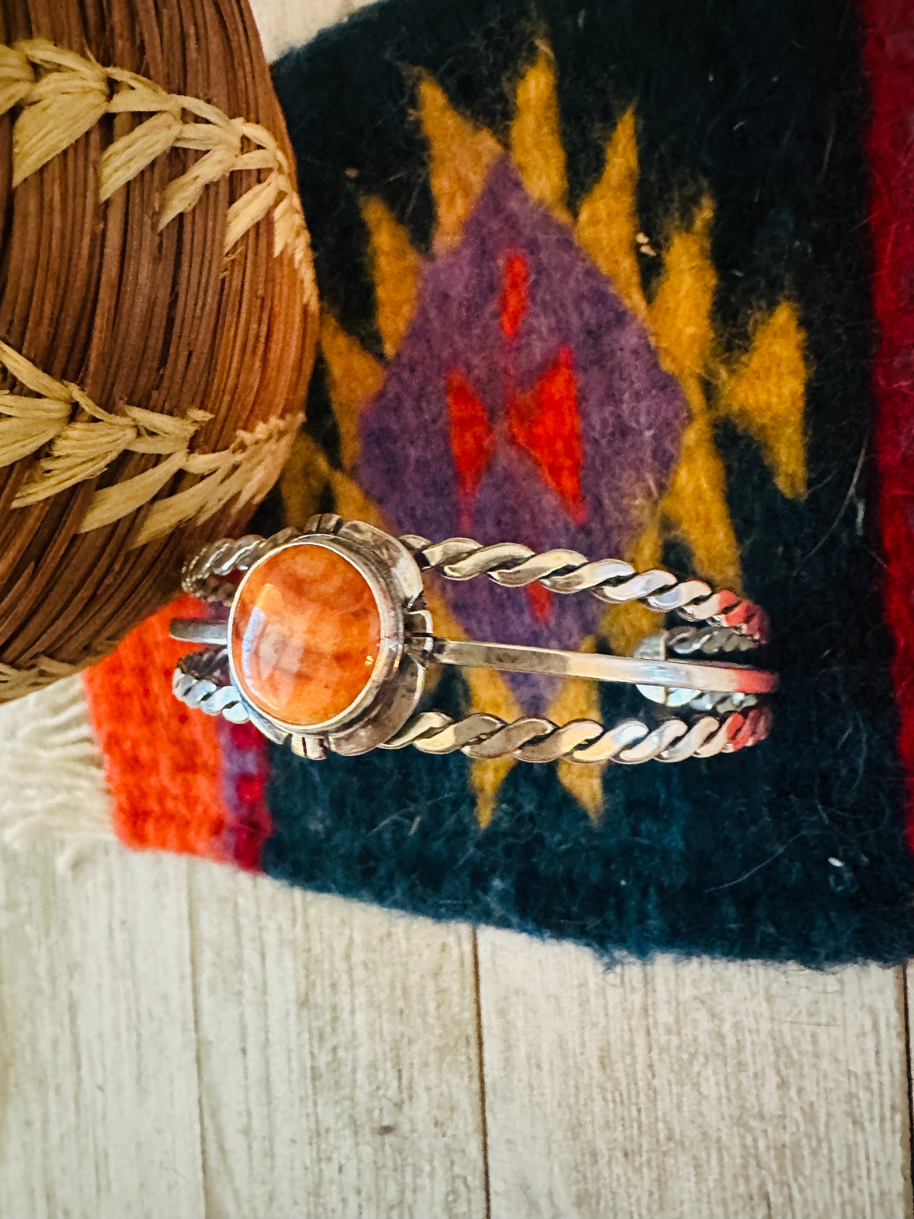 Navajo Sterling Silver & Orange Spiny Oyster Cuff Bracelet