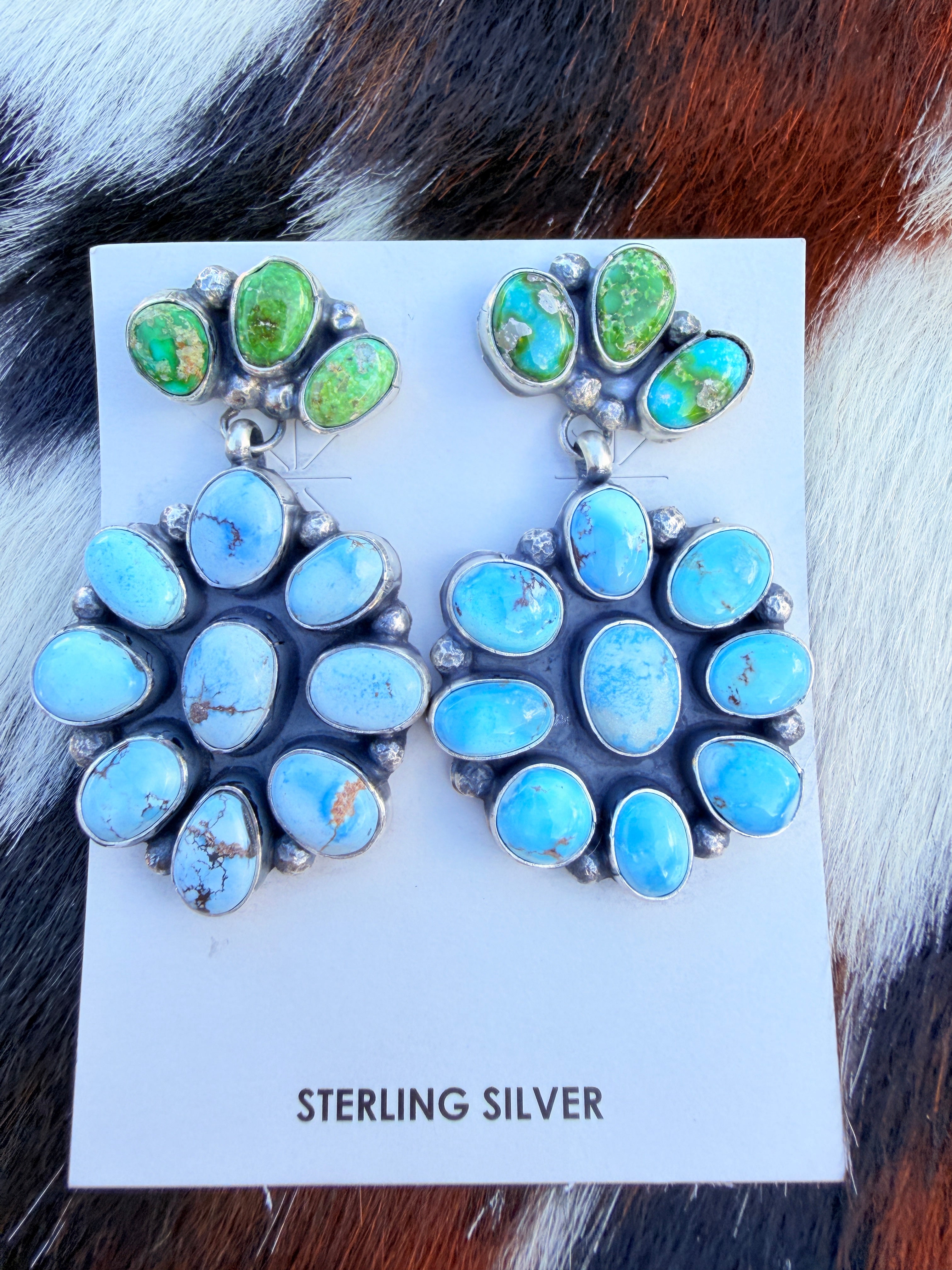 Handcrafted Multi Turquoise & Sterling Silver Cluster Dangle Earrings