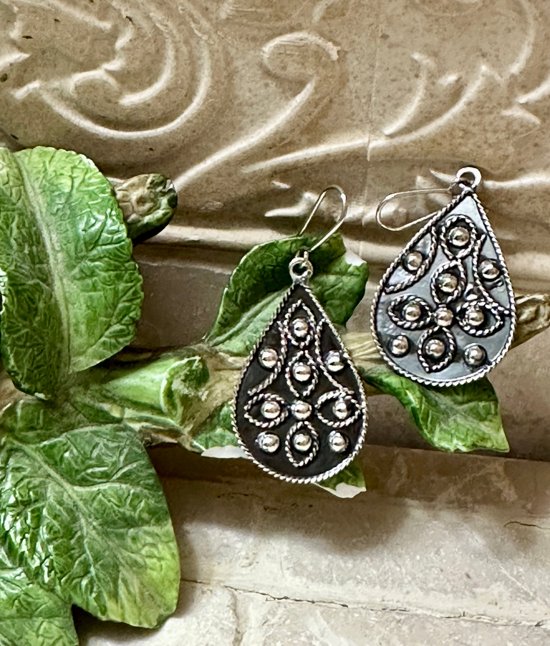 Large Vintage Style Tear Drop Sterling Silver Earrings