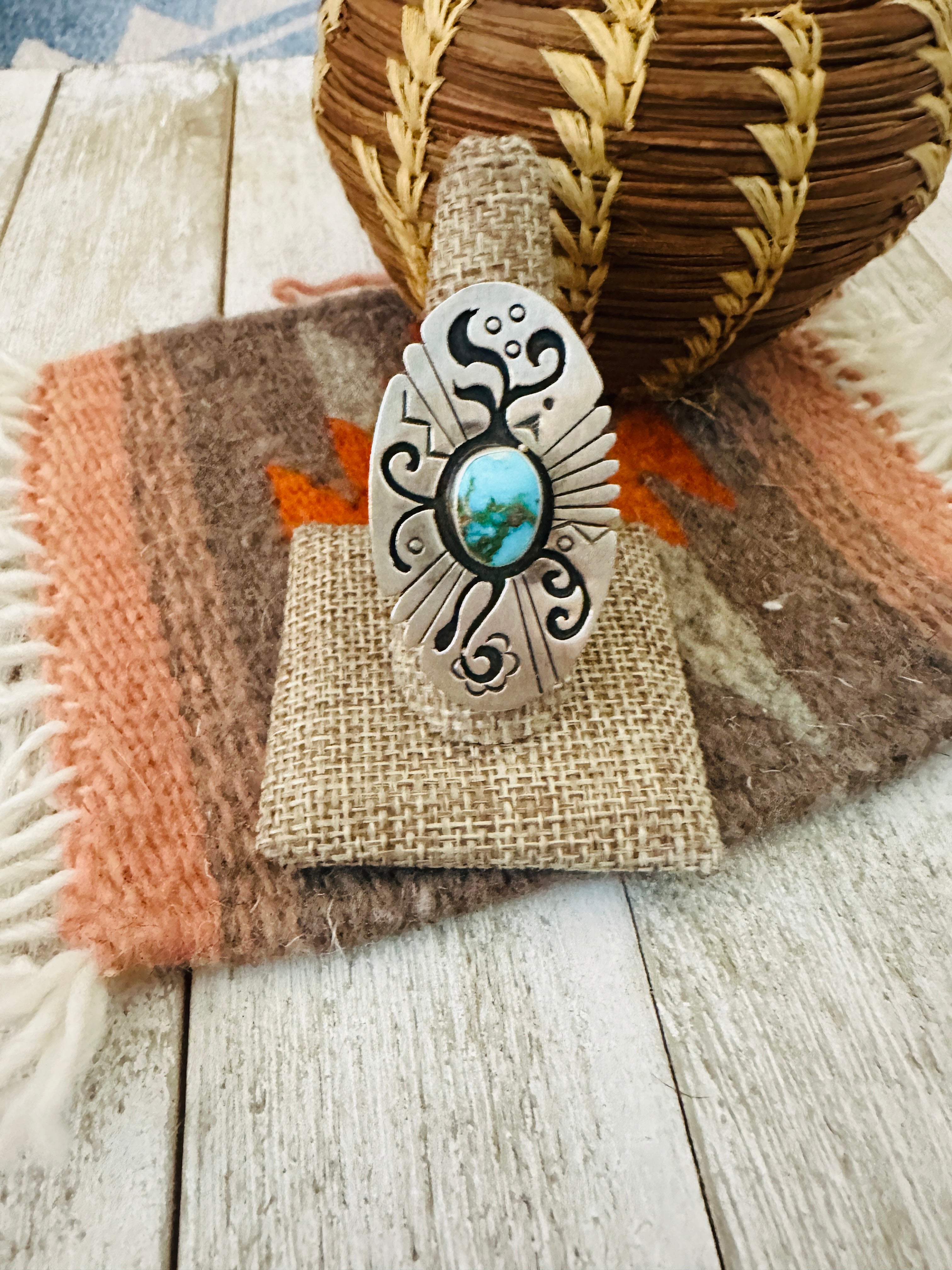 Handcrafted & Hand Stamped Sterling Silver & Sonoran Mountain Turquoise Ring Size 9