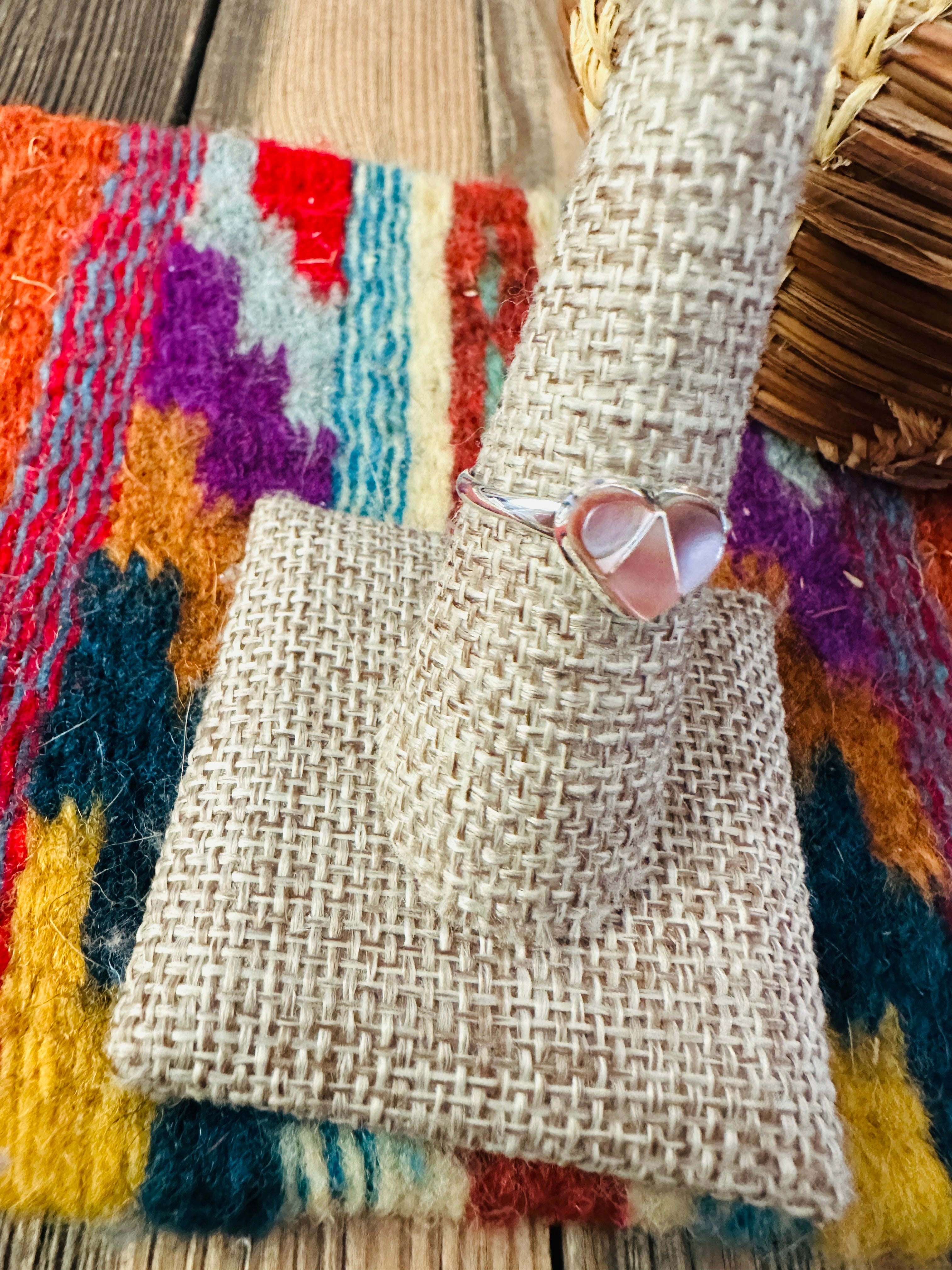 Handcrafted Mother of Pearl & Sterling Silver Inlay Heart Ring Size 8