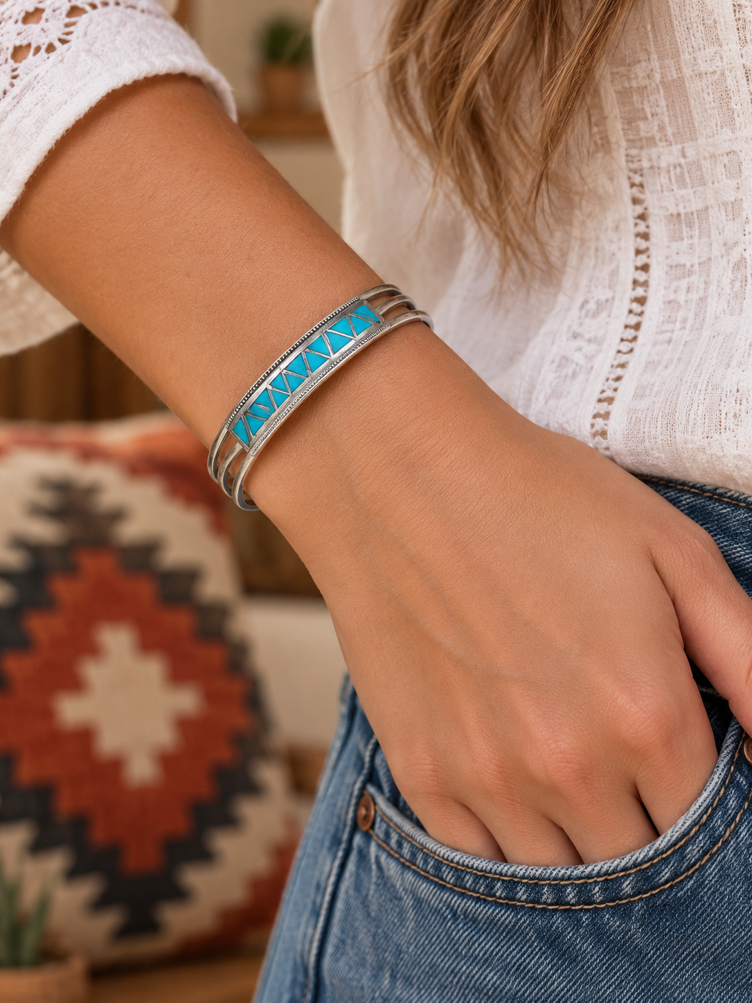 Handcrafted Turquoise & Sterling Silver Inlay Cuff Bracelet