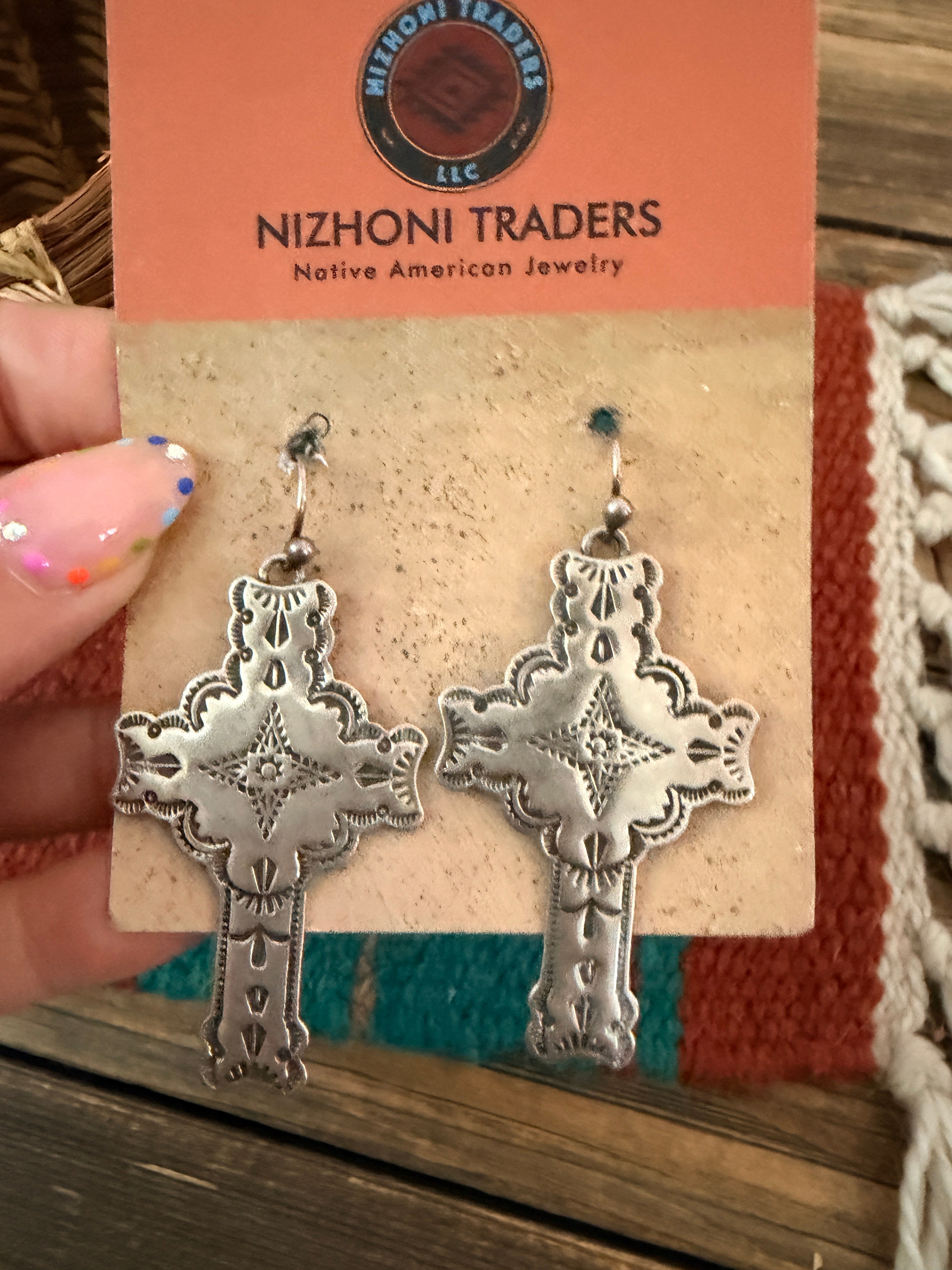 Handcrafted Old Pawn Sterling Silver Cross Dangle Earrings