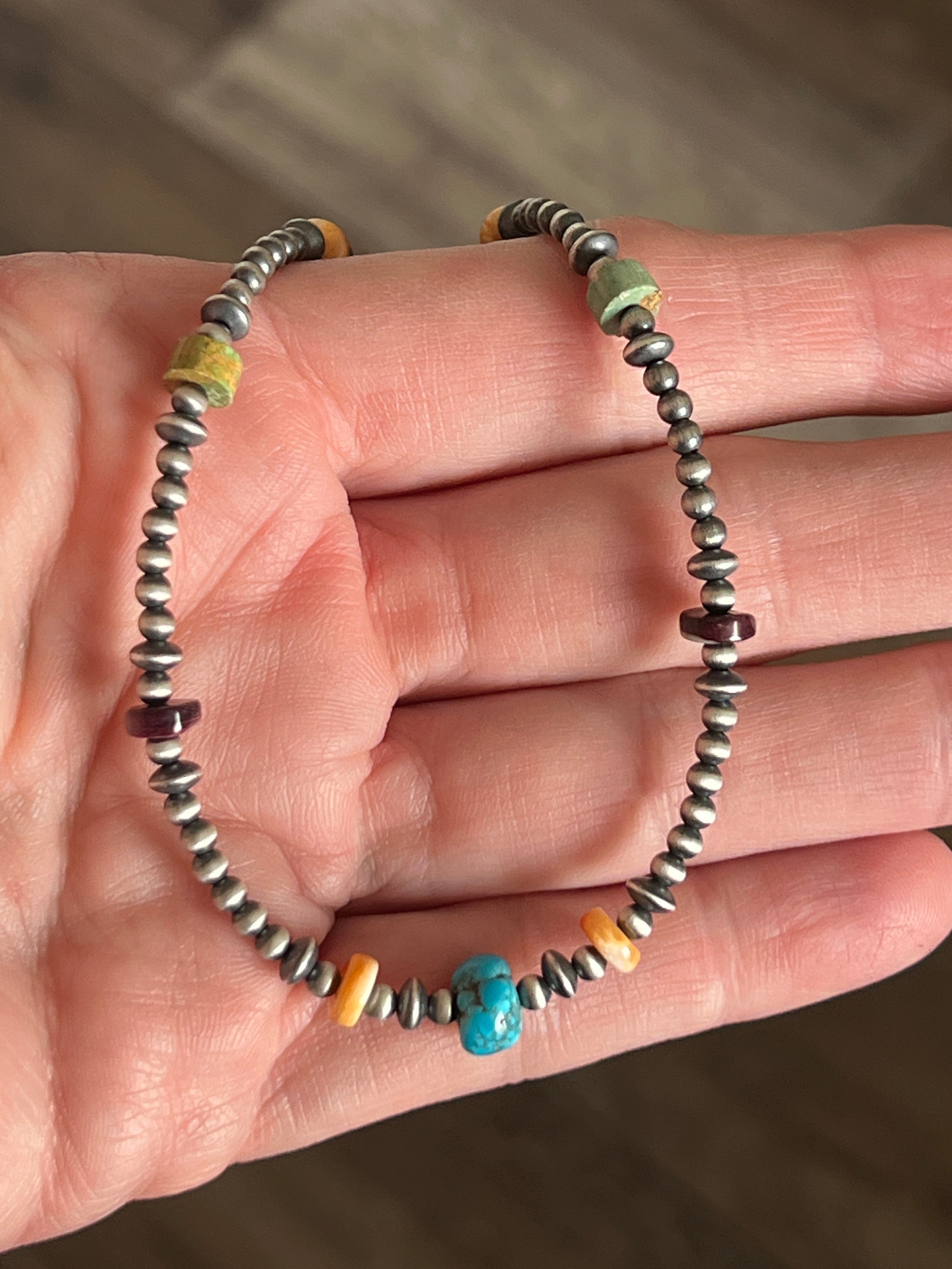 Summer Lovin’ Beaded Layering Necklace with Sterling Silver, Spiny Oyster Shell and Turquoise, 14 + 2”, The Color Drop