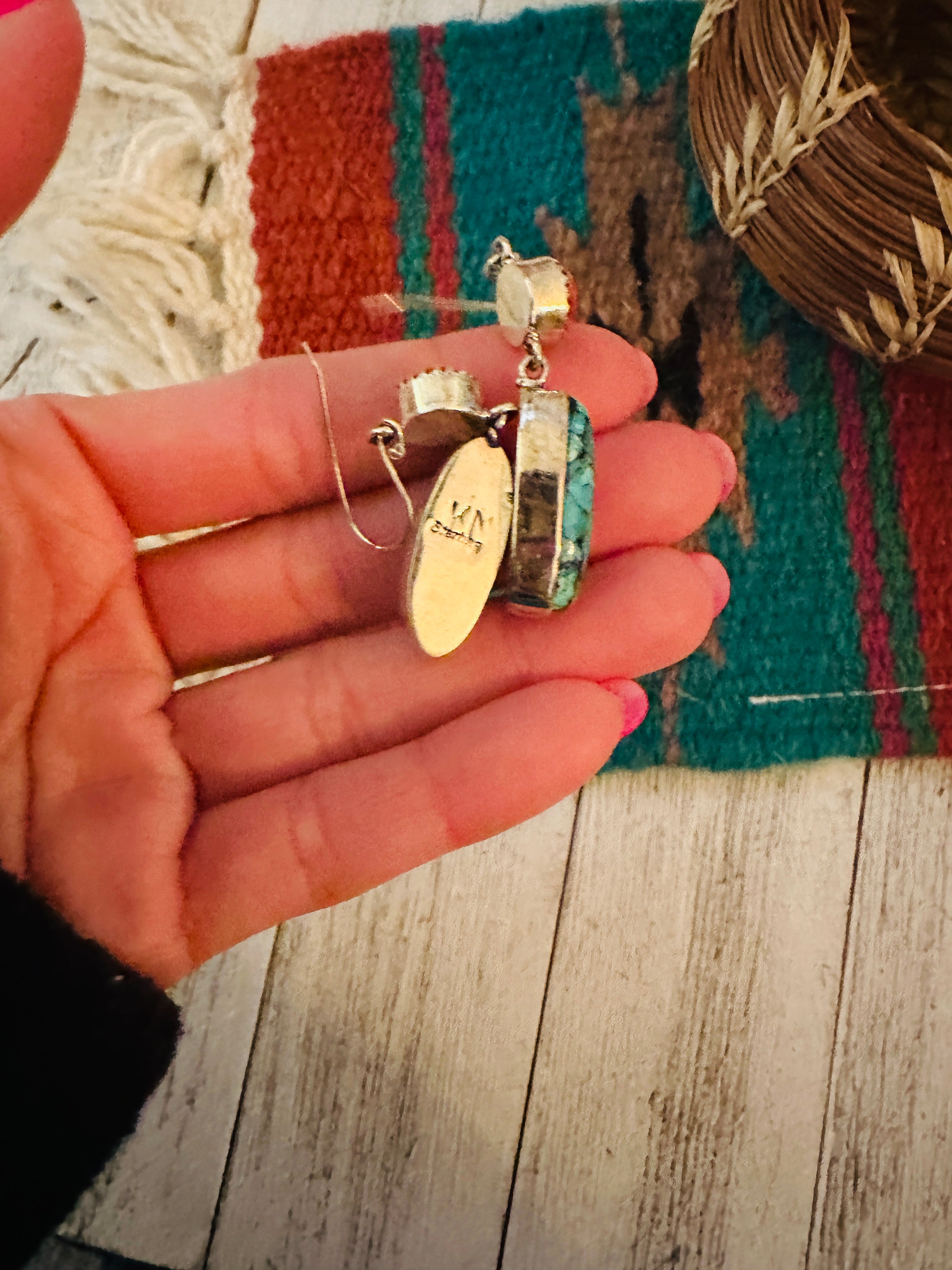 Navajo Turquoise, Spiny and Sterling Silver Dangle Earrings