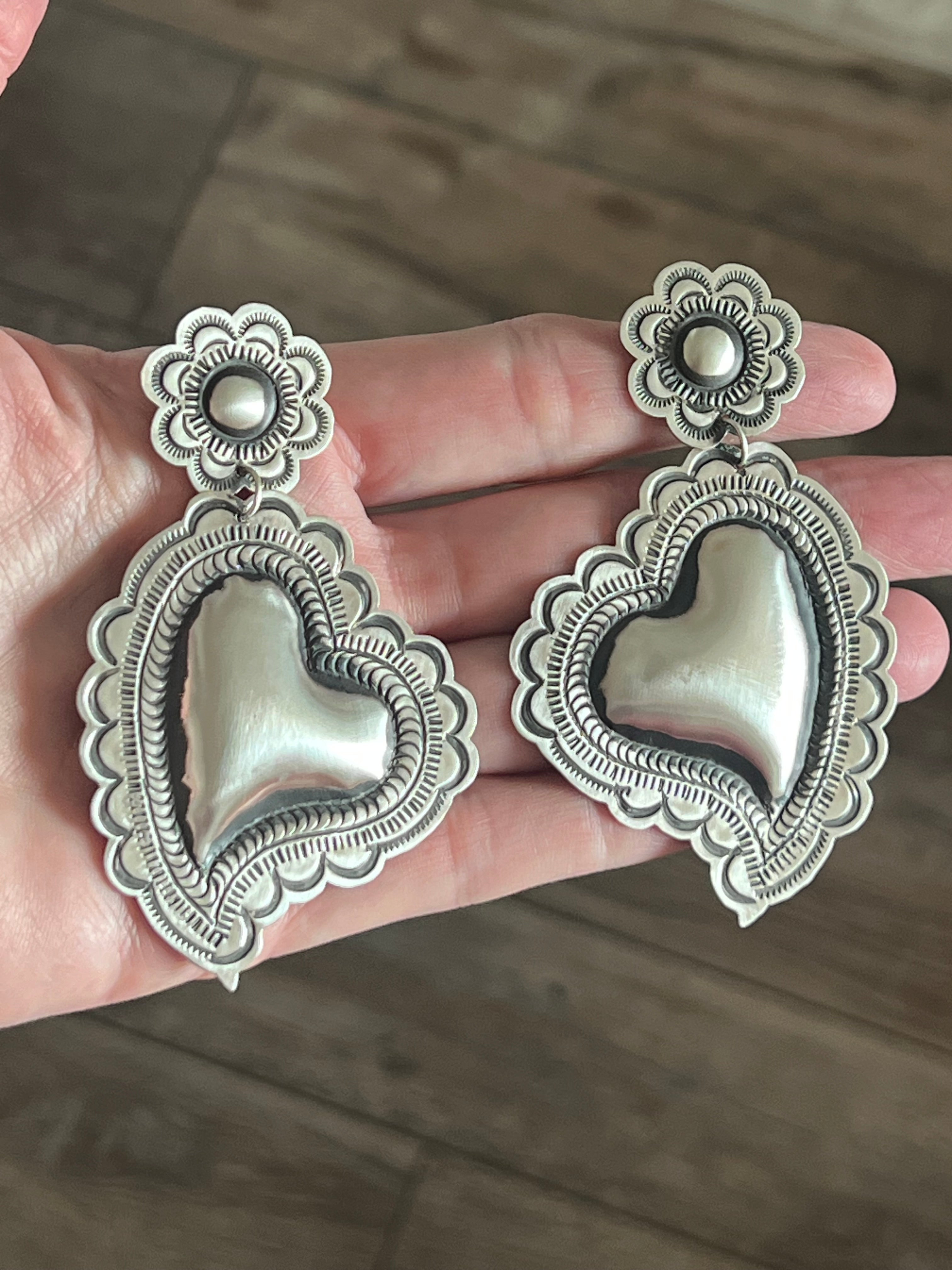 Handcrafted crafted Sterling Silver Stamped Repousse Heart Earrings by Leander Tahe, AH1