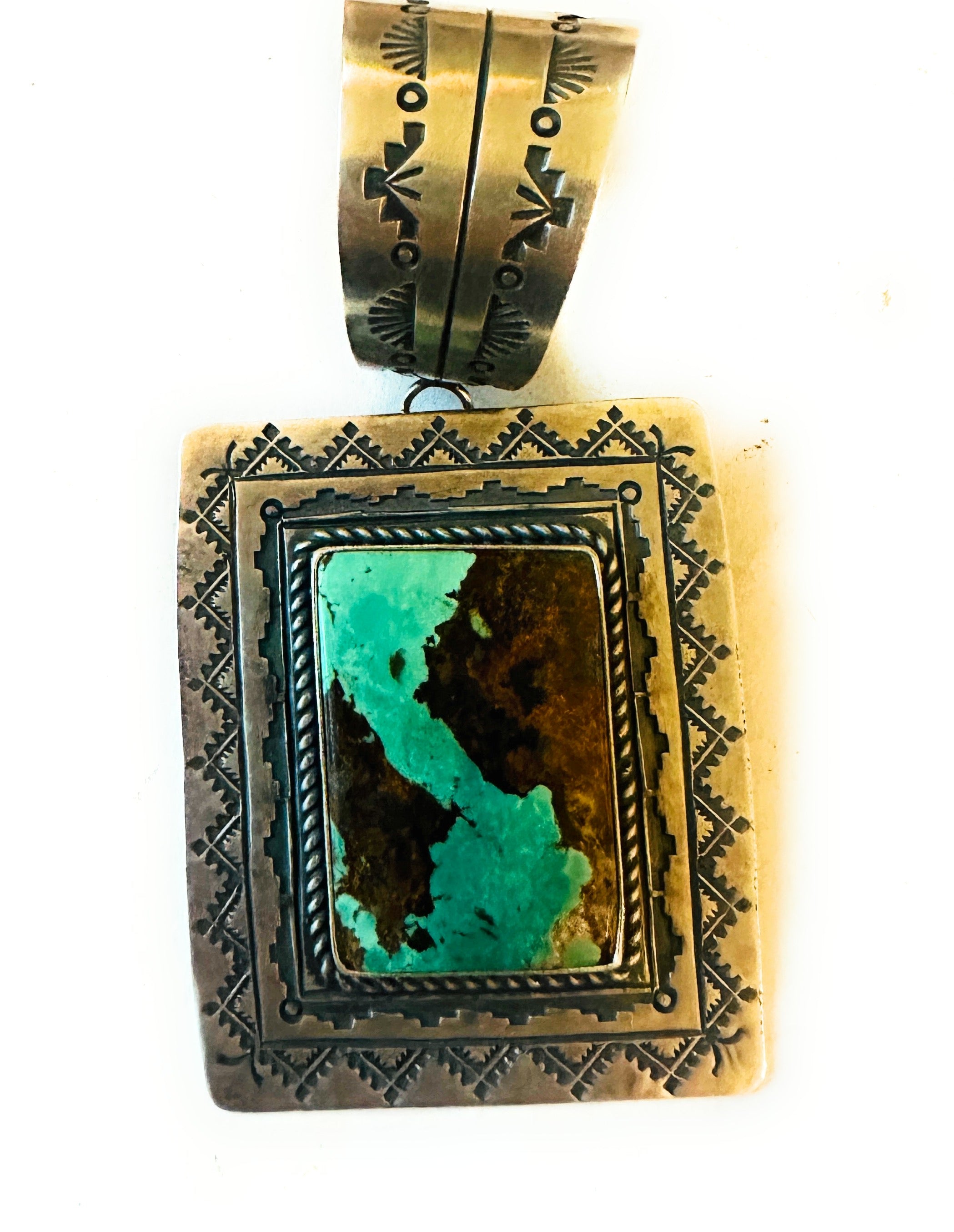 Navajo Hand Stamped Sterling Silver & Turquoise Concho Pendant