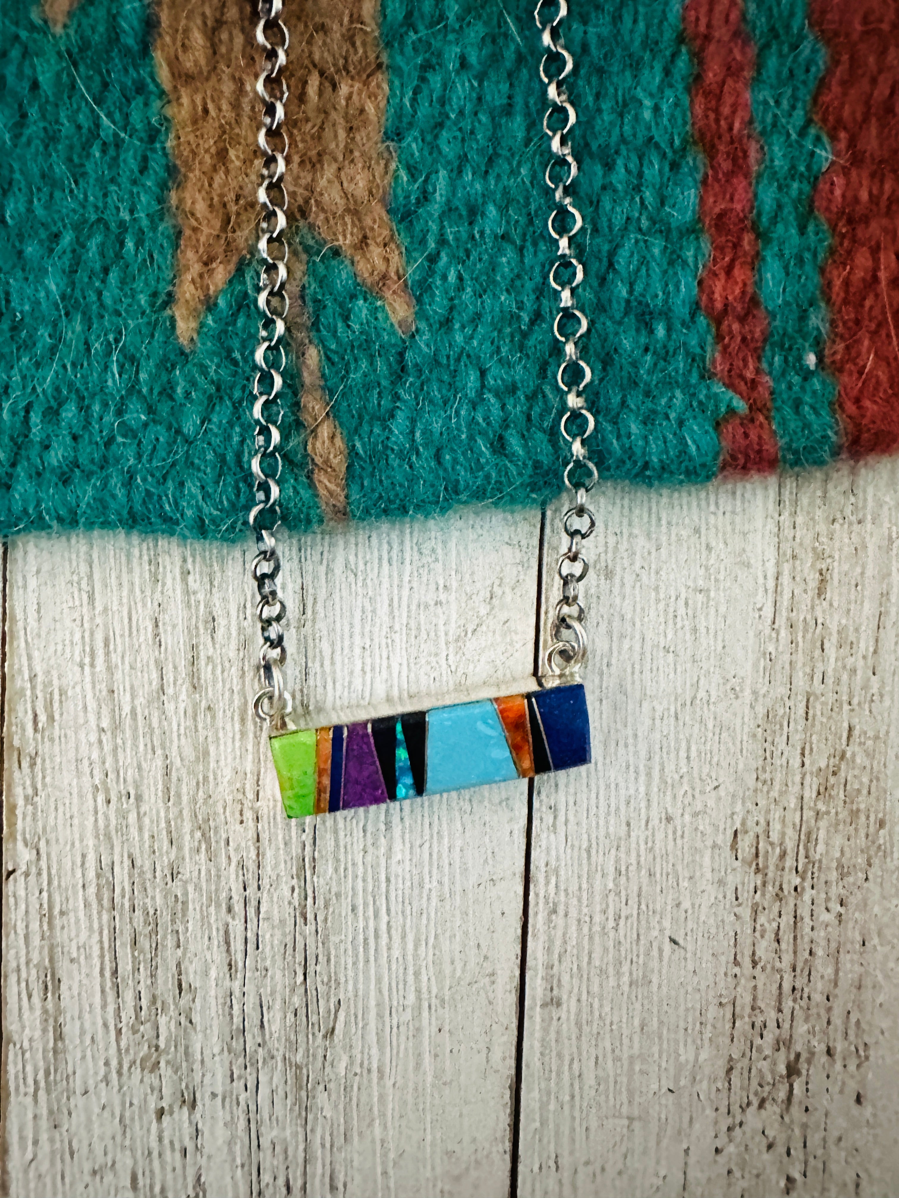 Navajo Multi Stone & Sterling Silver Inlay Bar Necklace