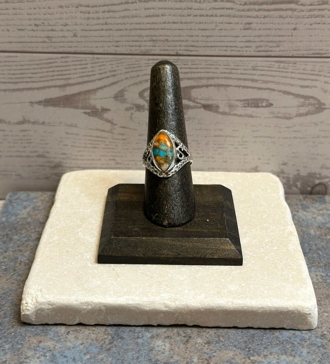 Sterling Silver Orange Spiny Turquoise Ring Size 7.5