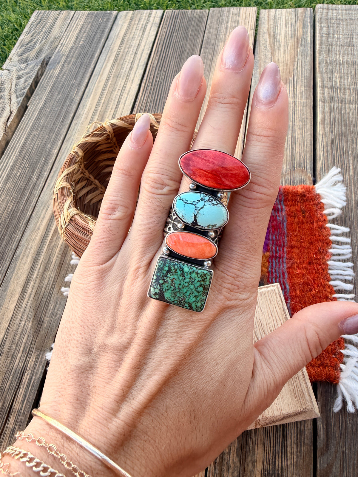 Handcrafted Spiny Oyster, Turquoise & Sterling Silver Adjustable Ring