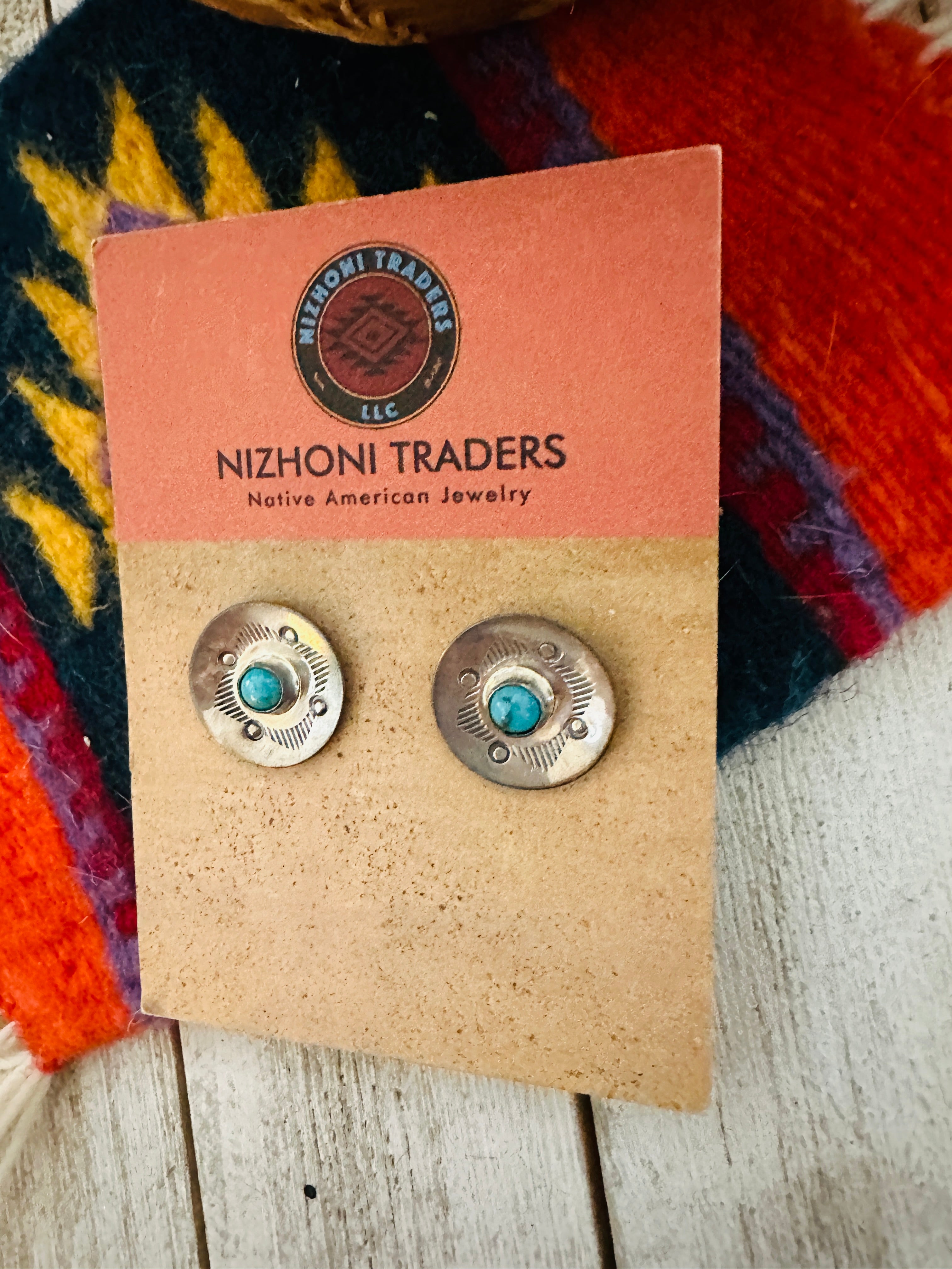 Navajo Hand Stamped Sterling Silver & Turquoise Concho Stud Earrings