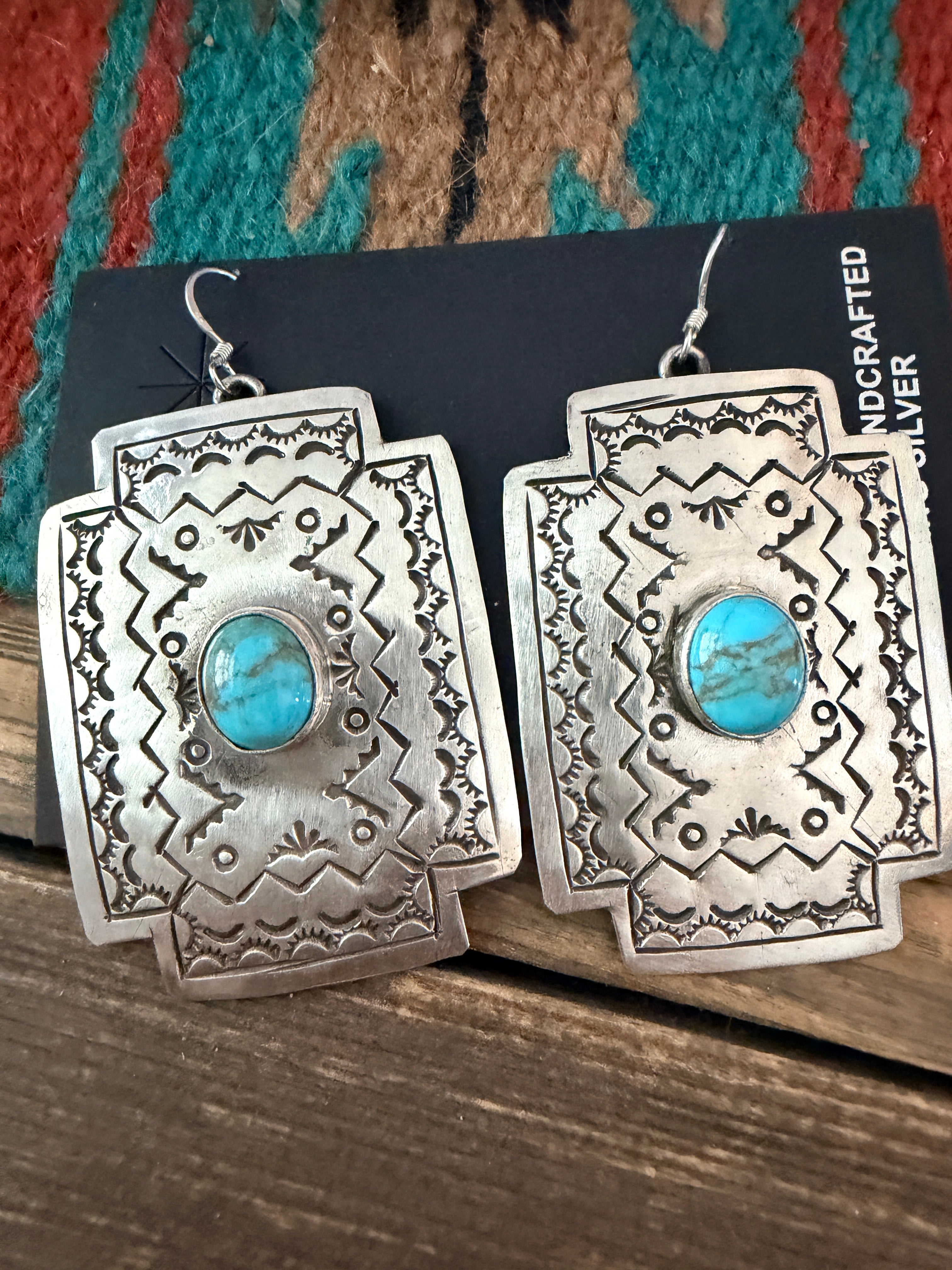 Handcrafted Sterling Silver & Turquoise Concho Cross Dangle Earrings