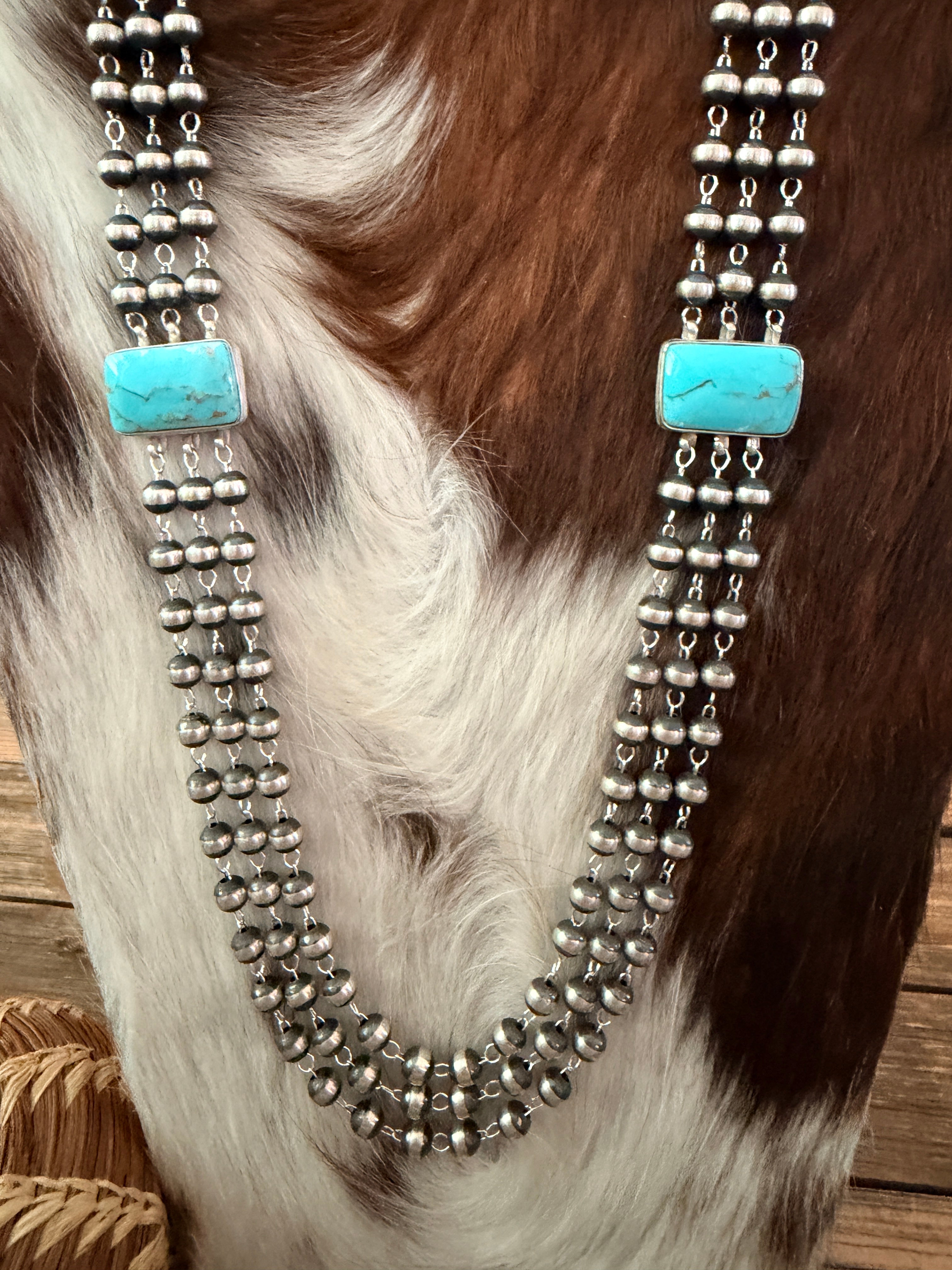 Handcrafted Turquoise & Sterling Silver Pearl Triple-Strand Beaded Necklace