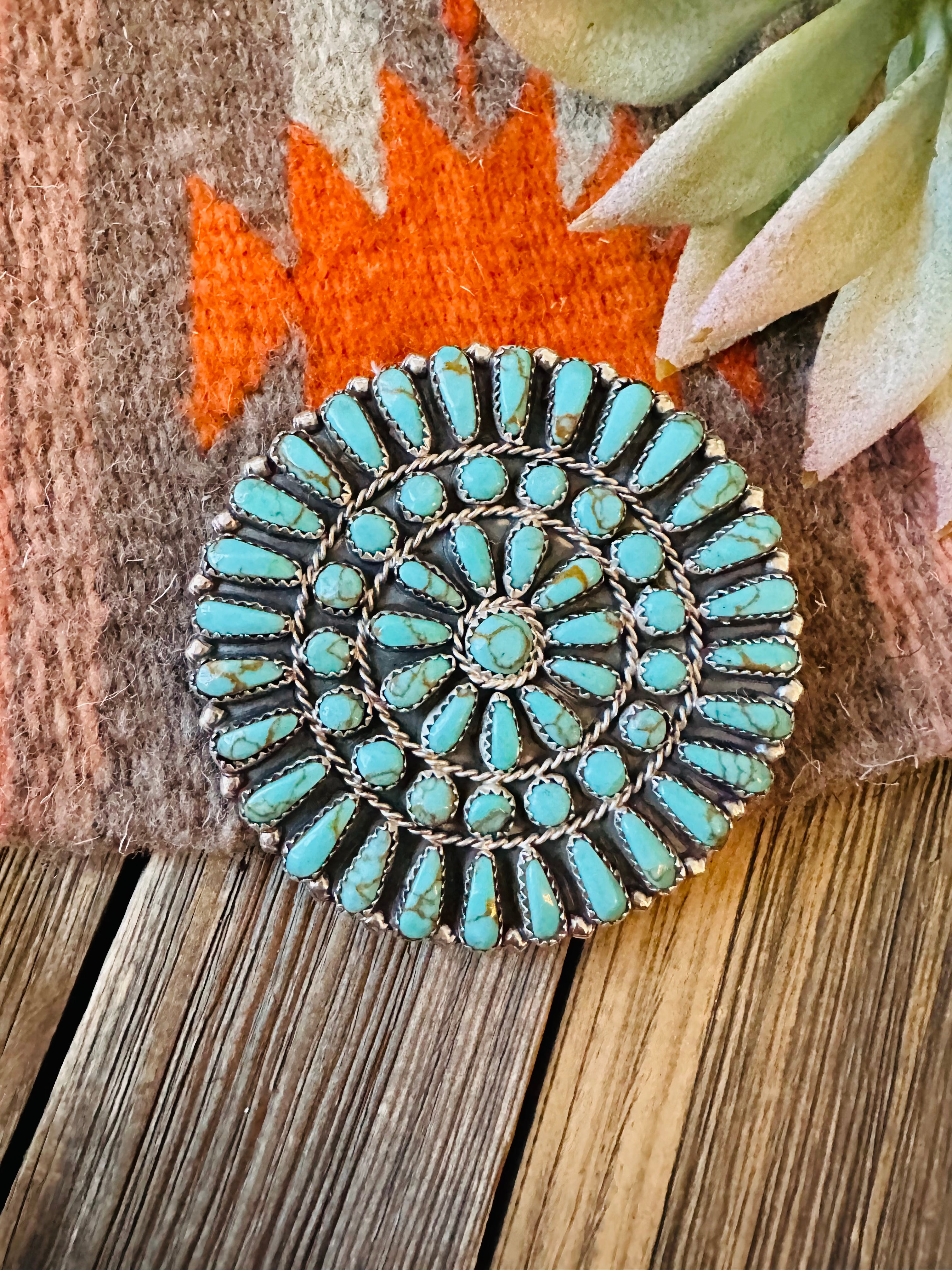 Navajo Sterling Silver and Turquoise Cluster Brooch