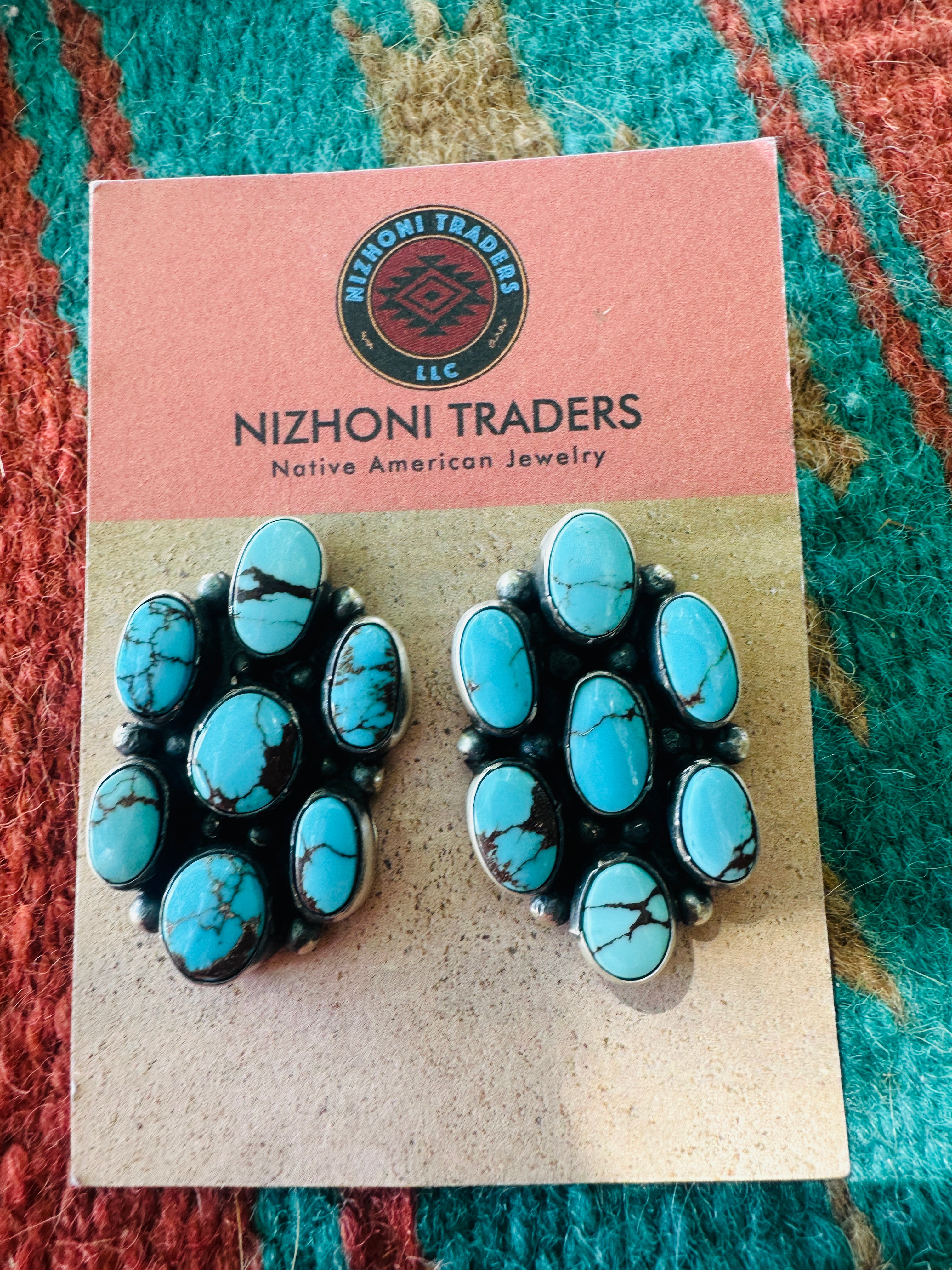 Handcrafted Sterling Silver & Kingman Web Turquoise Cluster Post Earrings