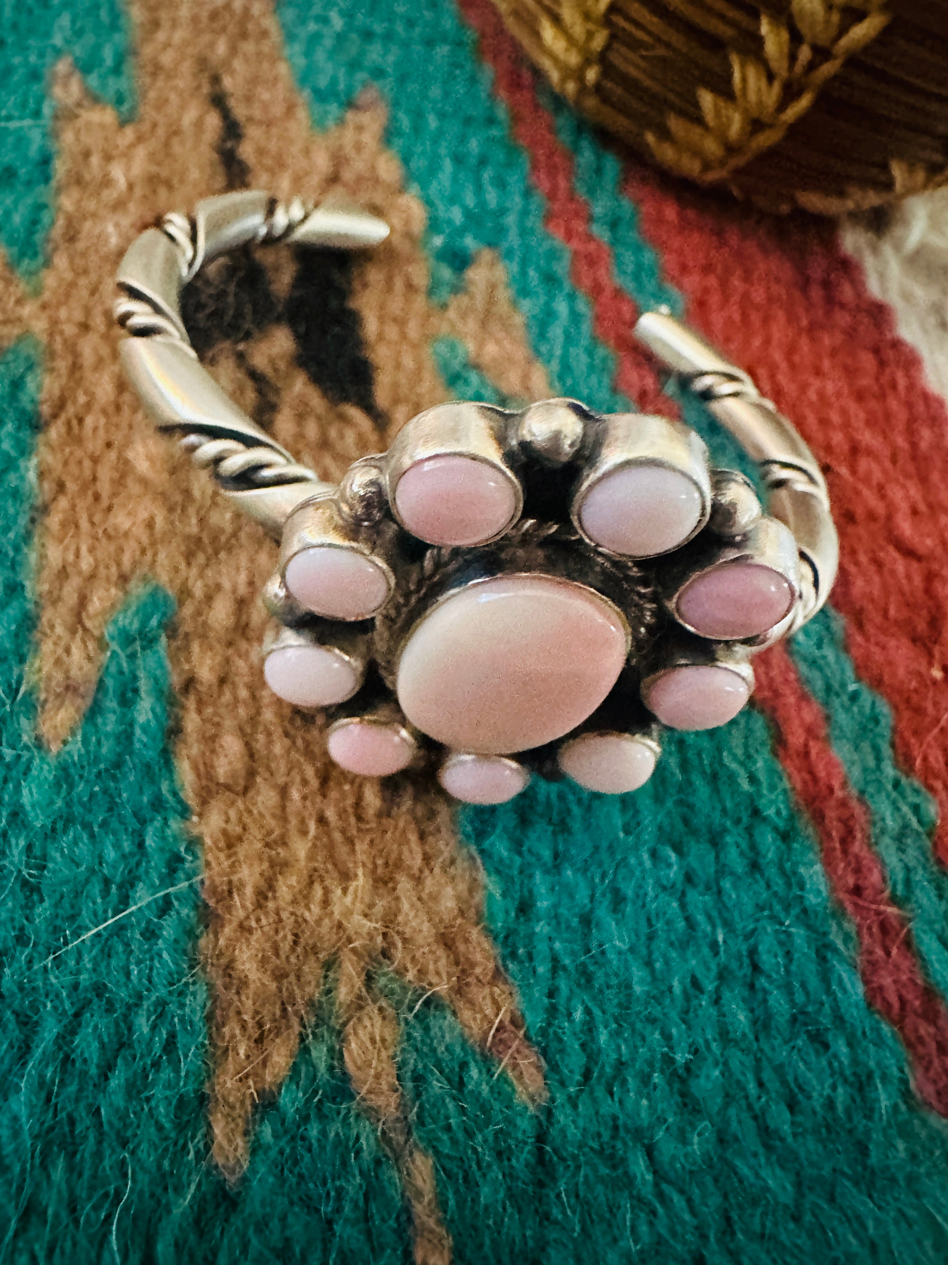 Navajo Queen Pink Conch Shell & Sterling Silver Cluster Cuff Bracelet