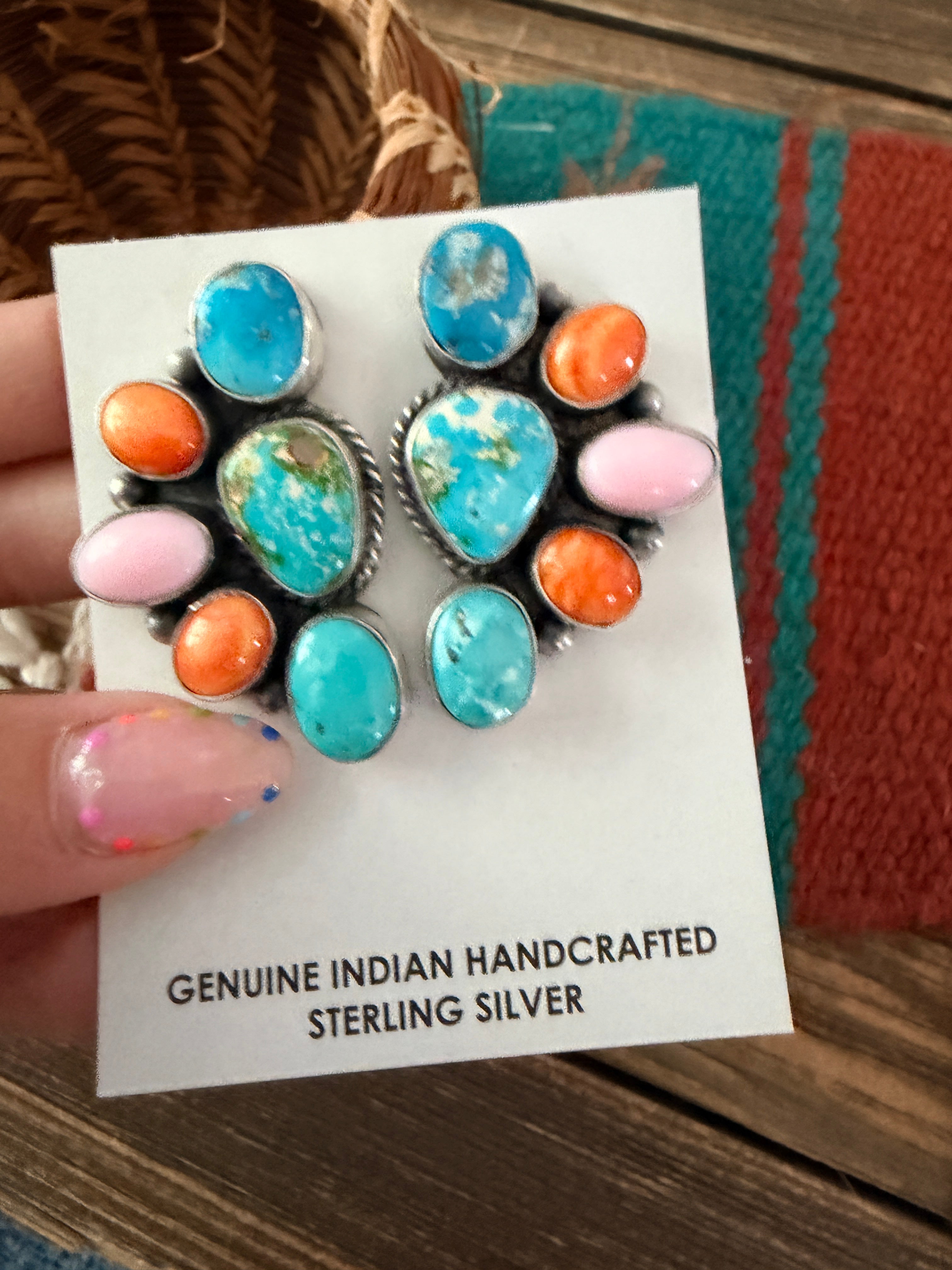 Handcrafted Turquoise, Spiny Oyster, Queen Pink Conch & Sterling Silver Post Earrings by Hiram Largo
