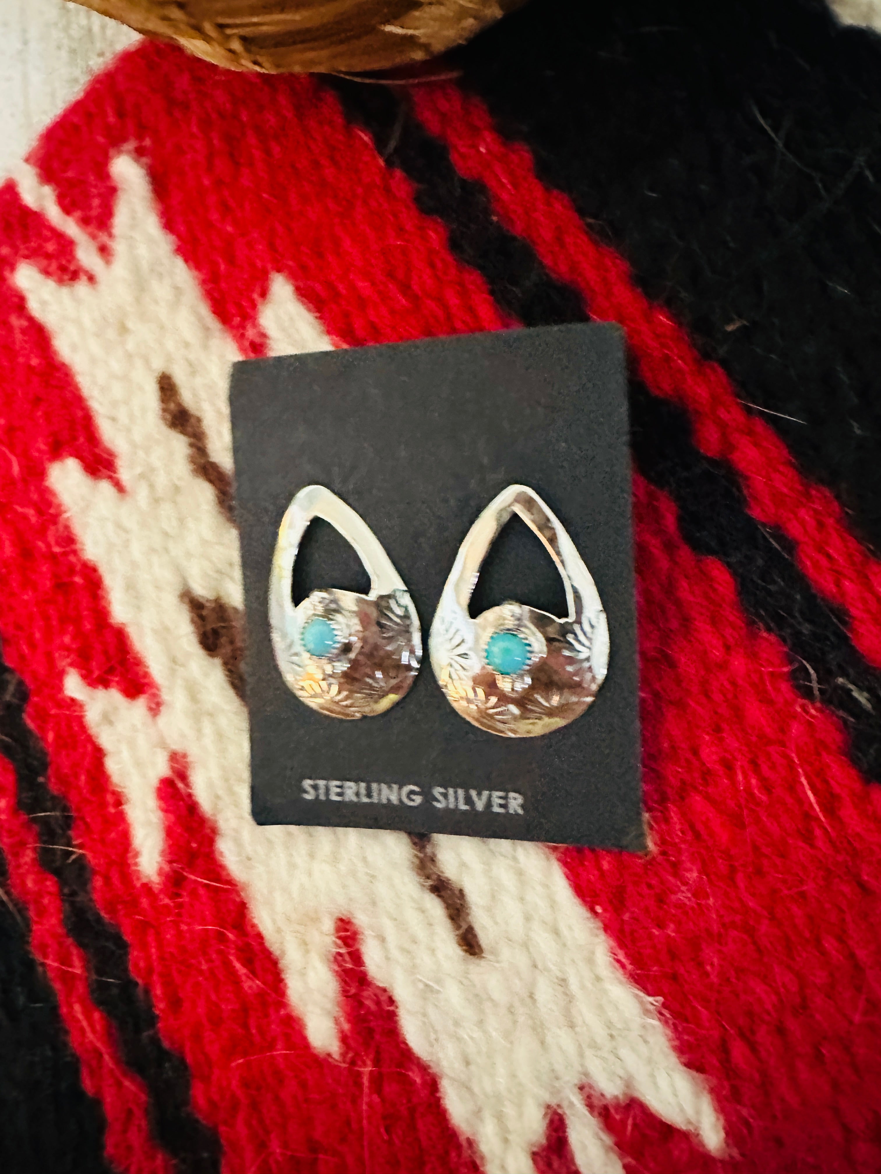 Navajo Hand Stamped Sterling Silver & Turquoise Teardrop Earrings