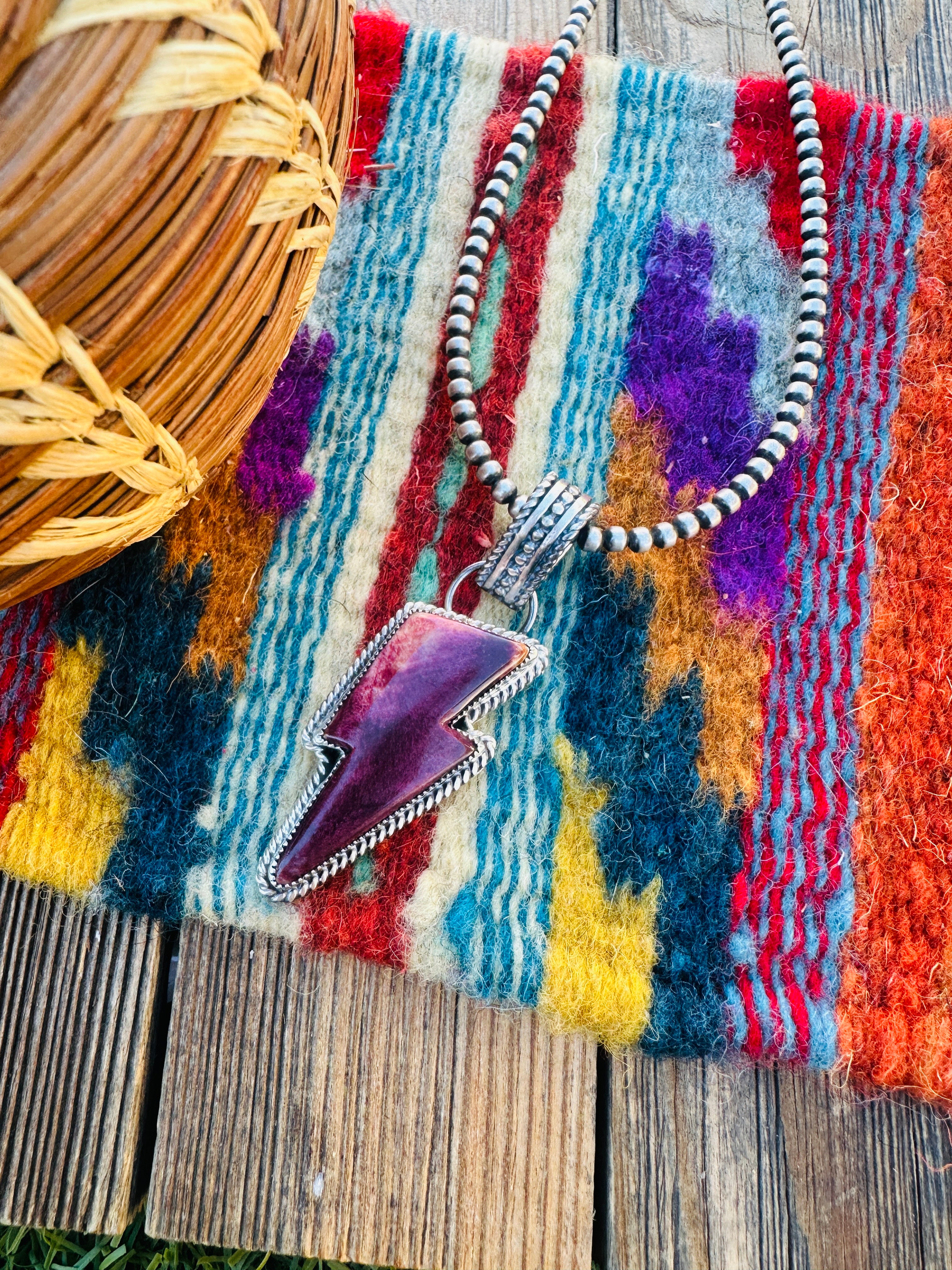 Handcrafted Spiny Oyster & Sterling Silver Lightning Bolt Pendant by Tatum Skeets