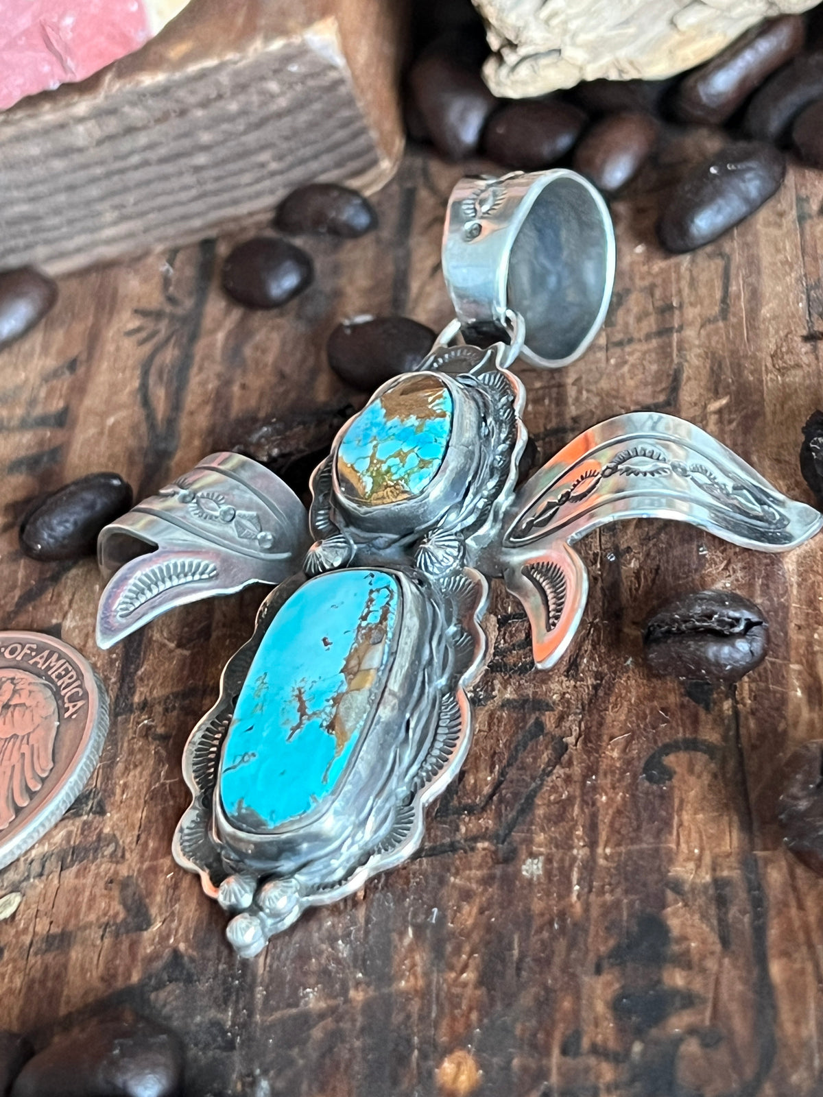 Sterling Silver and Turquoise Winged Bug Pendant by Kimari Somers
