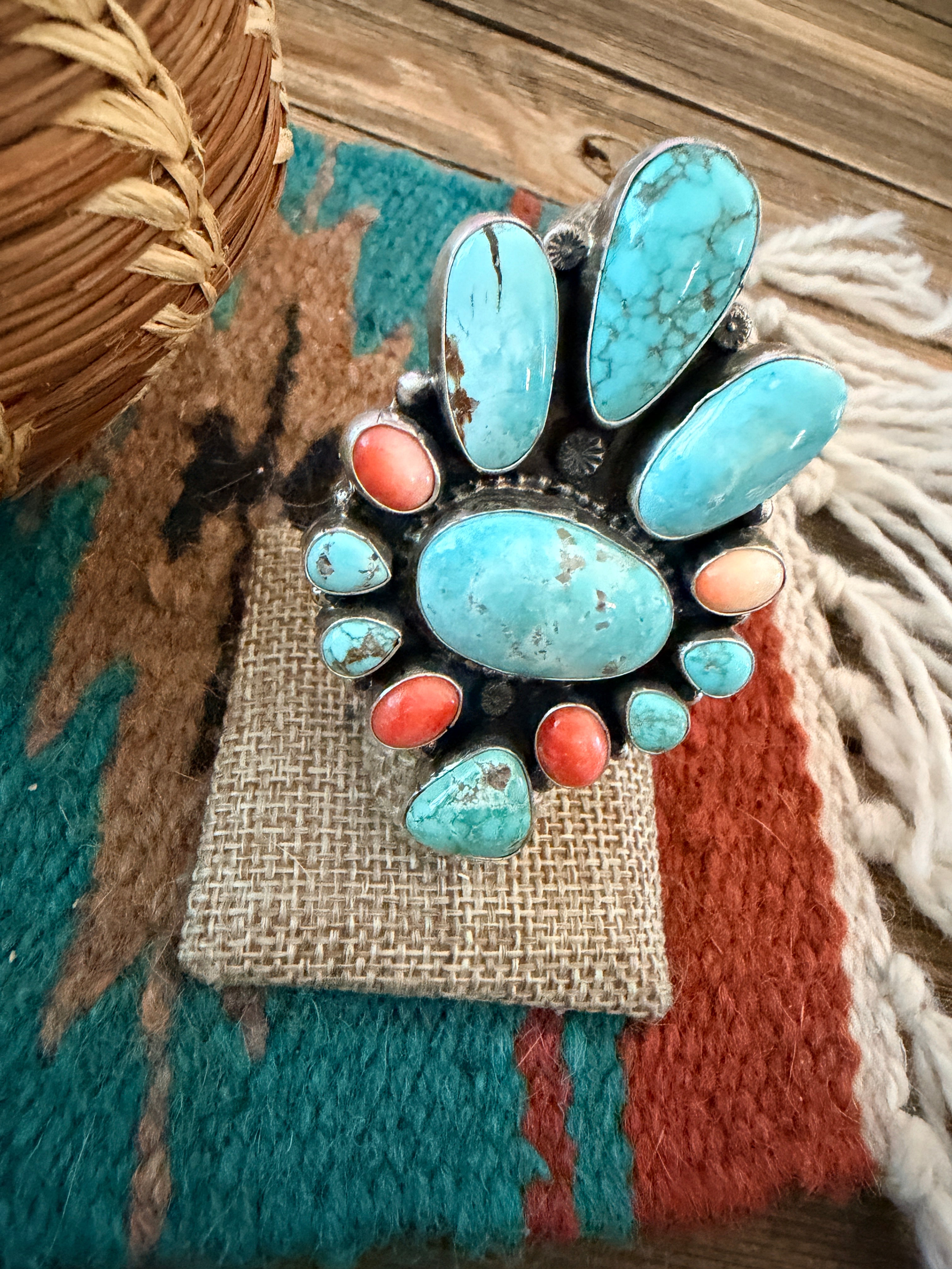 Handcrafted Spiny Oyster, Turquoise & Sterling Silver Cluster Ring by Sheila Becenti Size 7