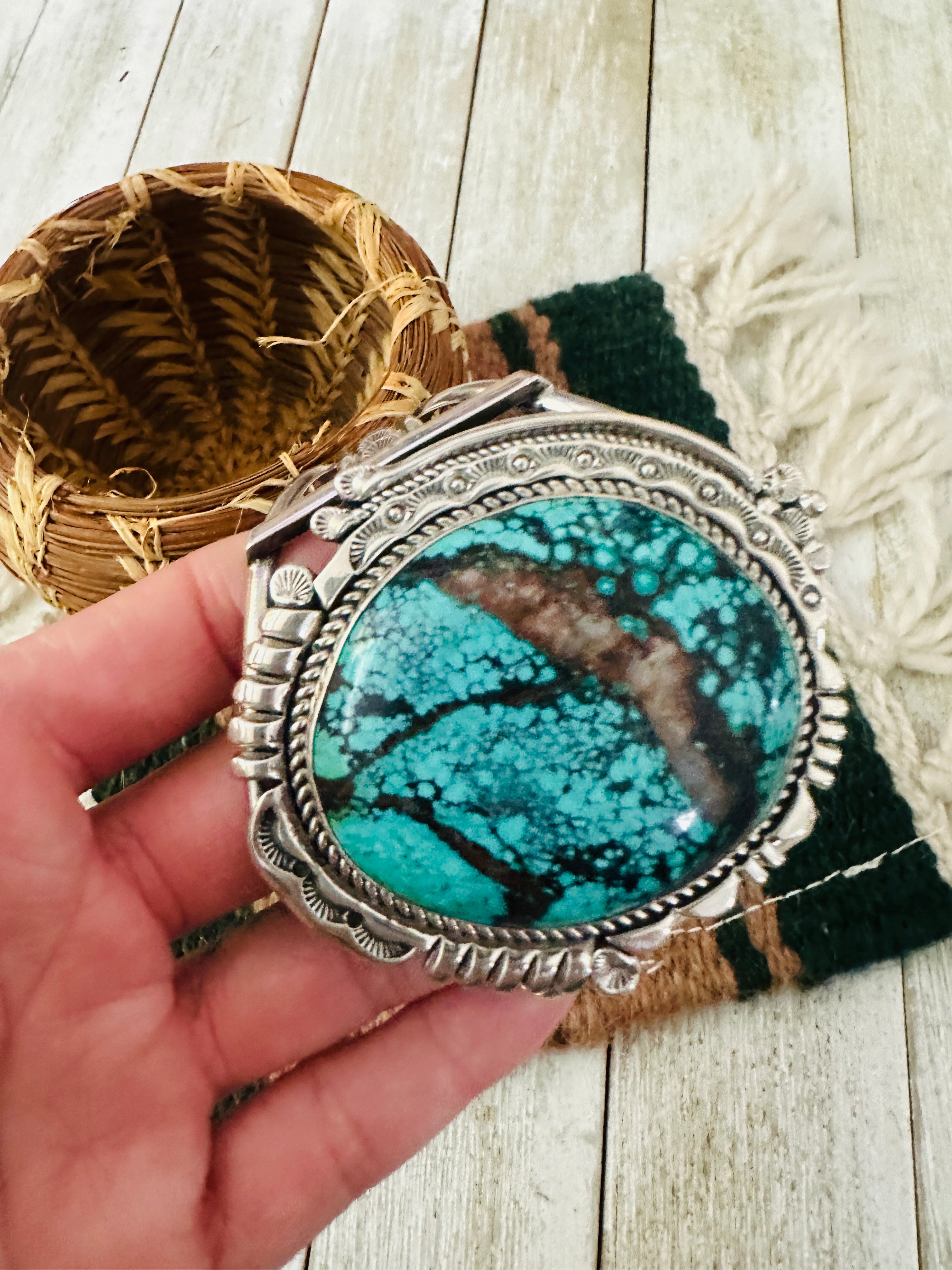 Handcrafted Old Pawn Tibetan Turquoise & Sterling Silver Cuff Bracelet