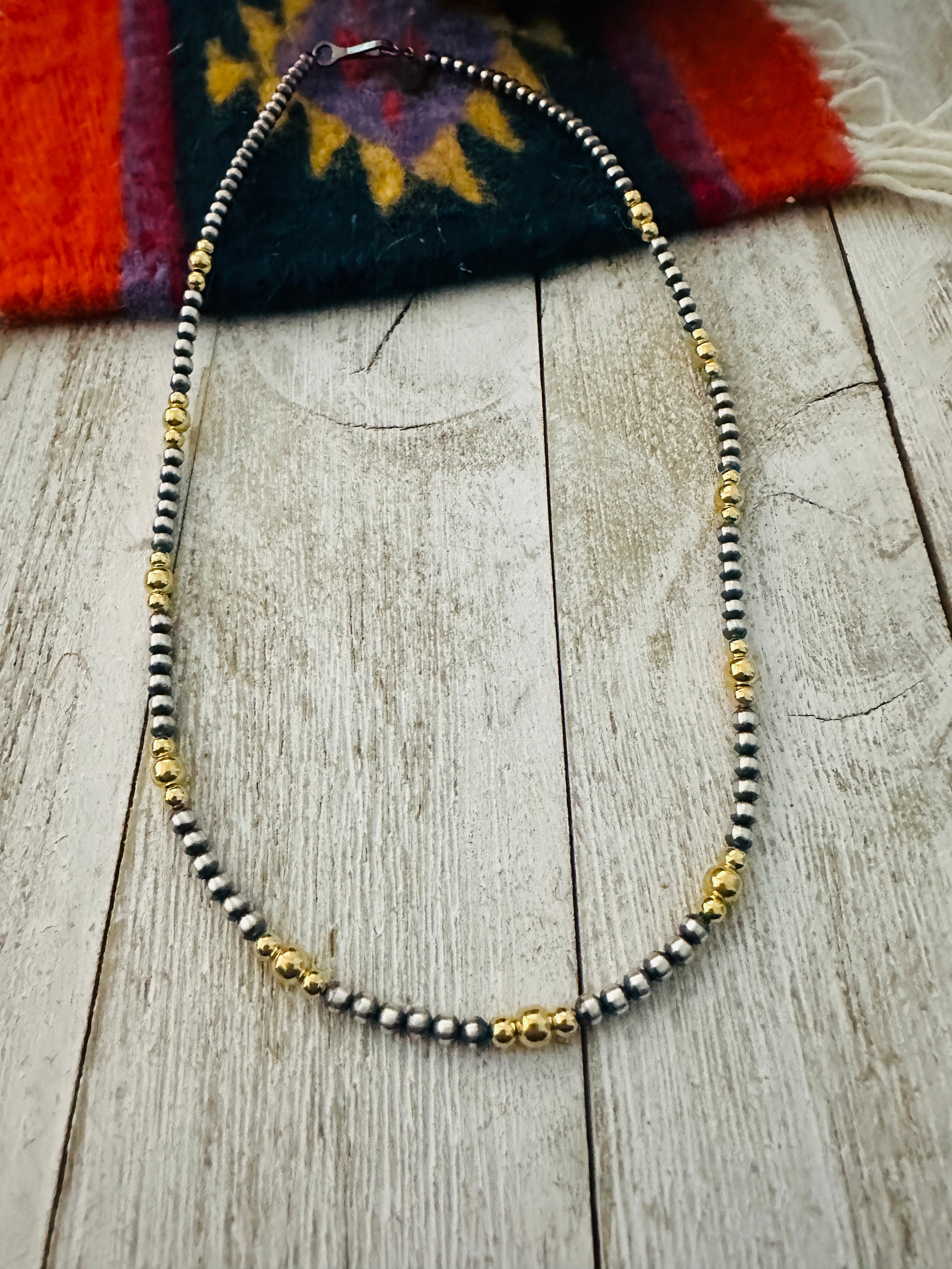 Navajo Sterling Silver & Gold Beaded 16” Necklace