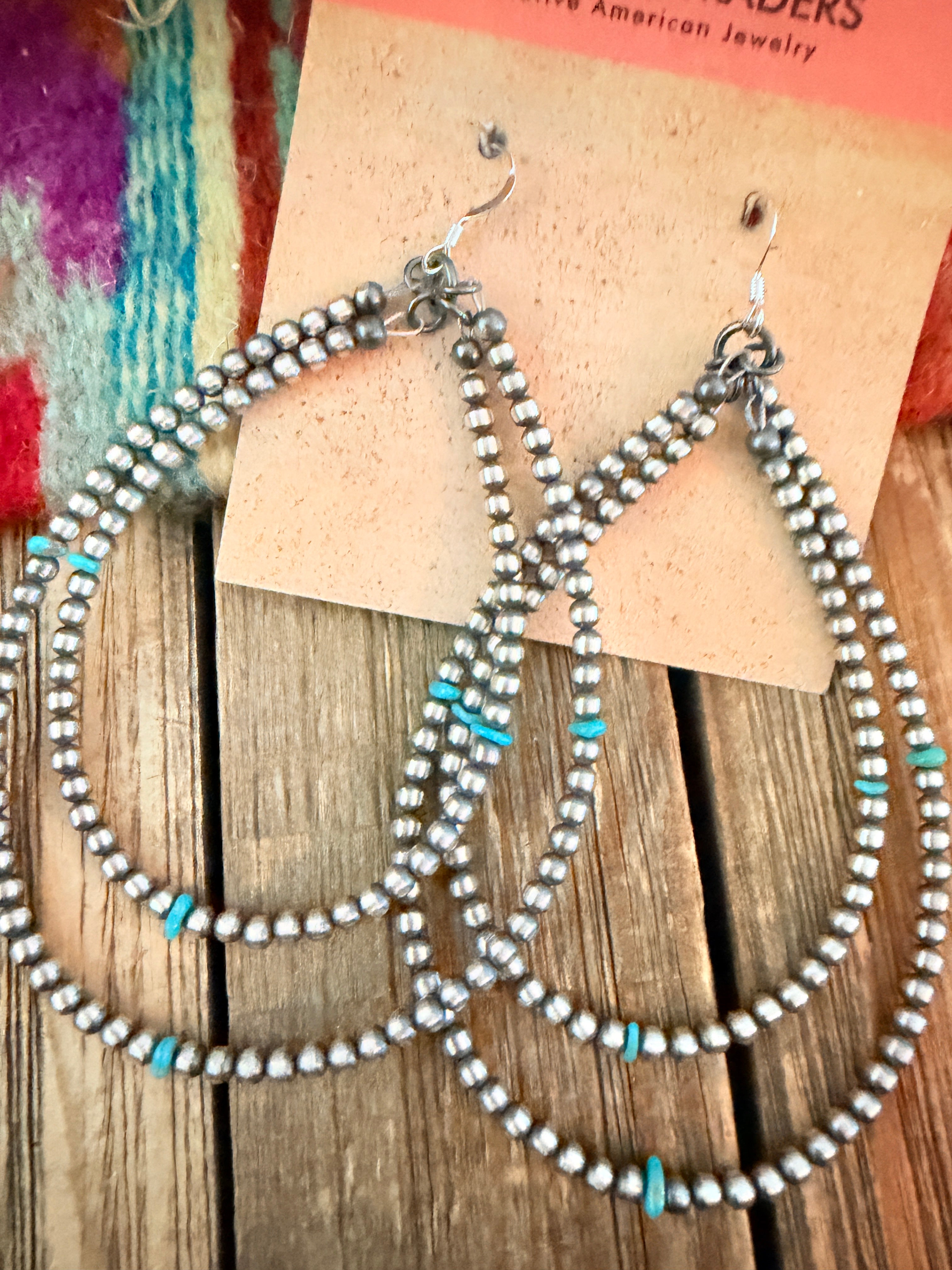 Handcrafted Turquoise & Sterling Silver Pearl Beaded Dangle Hoop Earrings