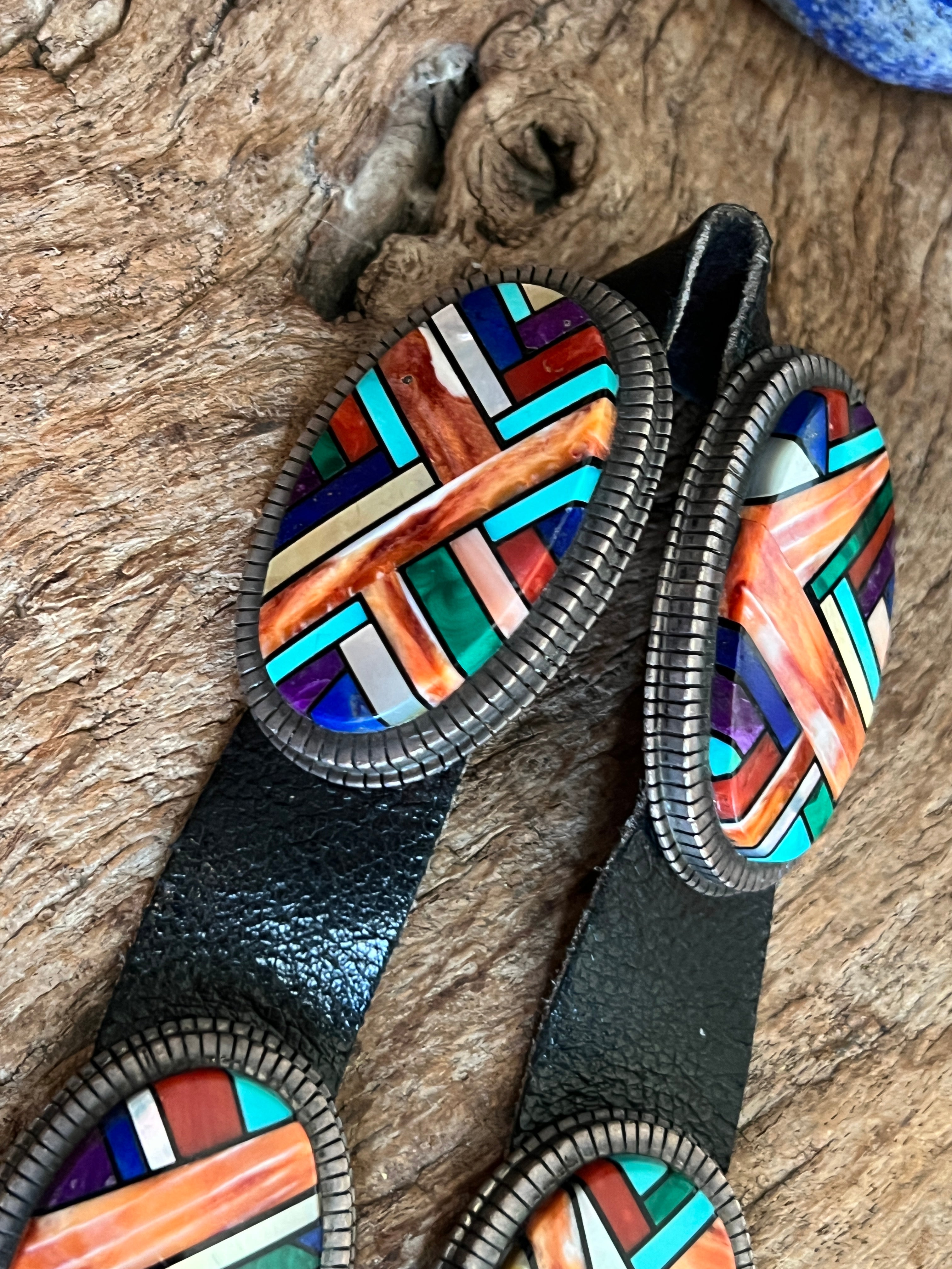 Phenomenal Old Pawn Handcrafted Sterling Silver and Multi Stone Inlay Concho Belt by Ray Jack