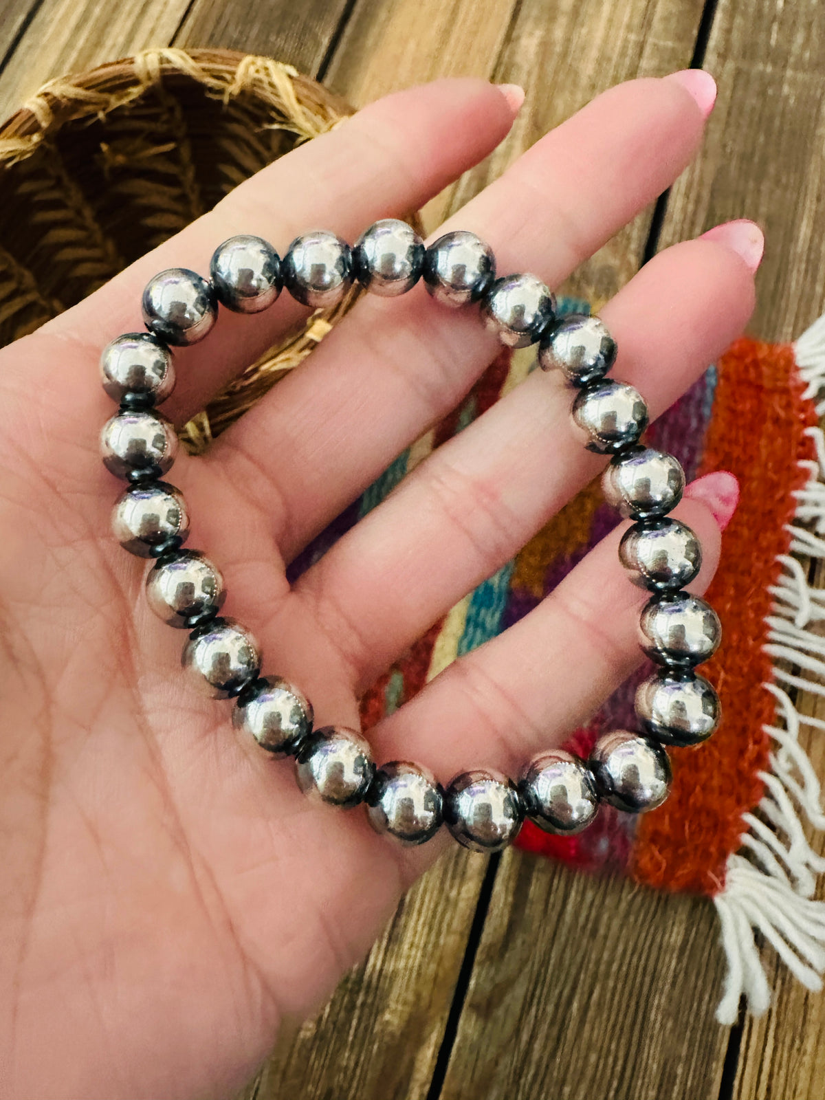 Handcrafted 8mm Sterling Silver Pearl Beaded Stretch Bracelet