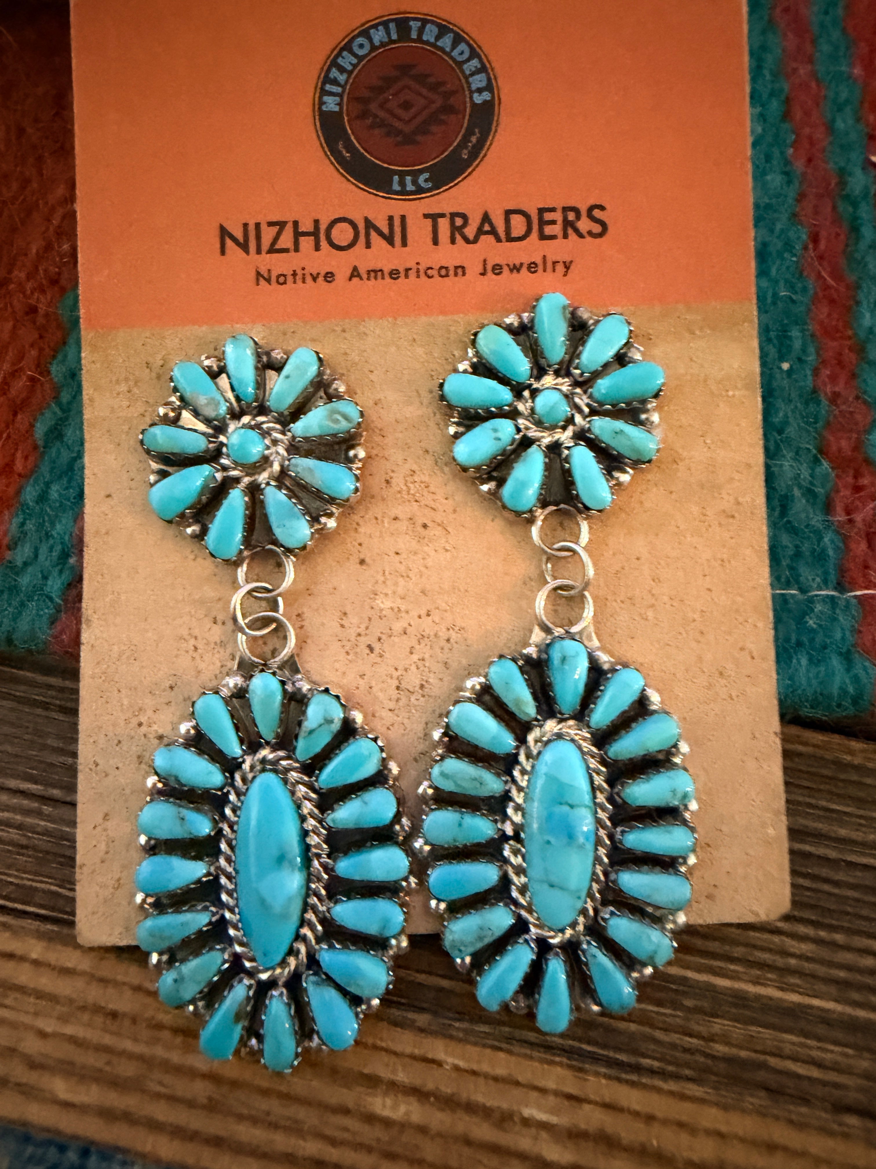 Handcrafted Turquoise & Sterling Silver Cluster Dangle Earrings by Pamela Benally