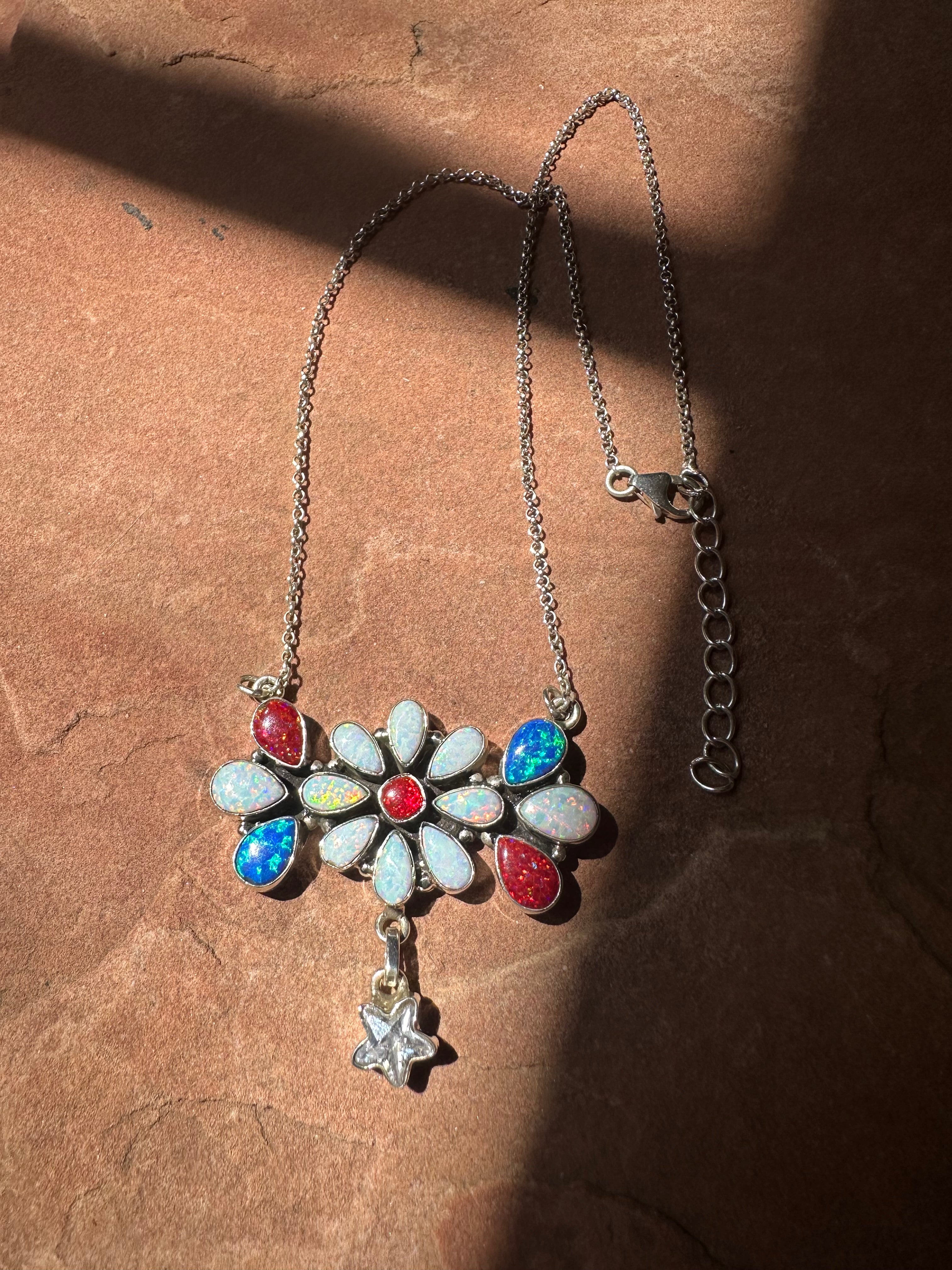 4th Of July Collection Handmade Sterling Silver & Red, White & Blue Fire Opal Cluster Necklace