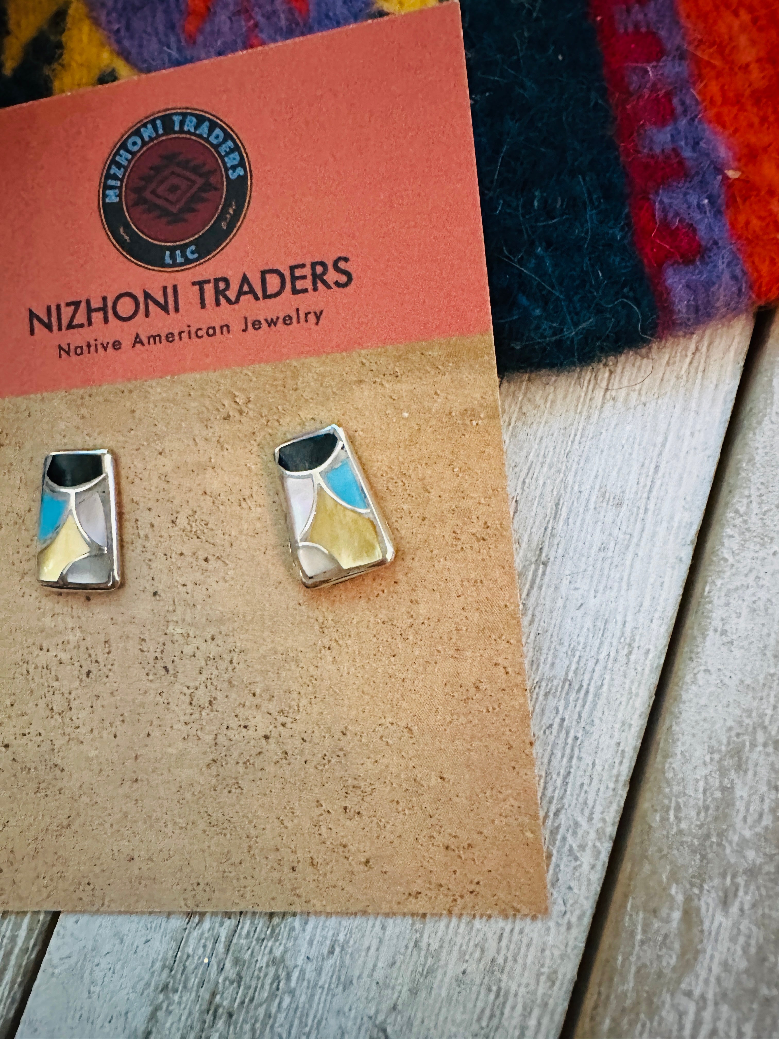 Zuni Multi Stone & Sterling Silver Inlay Stud Earrings