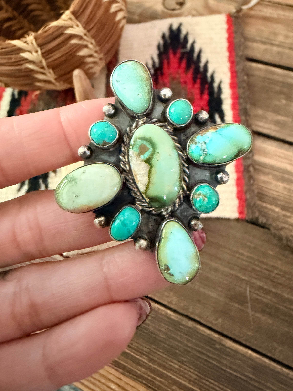 Handcrafted Turquoise & Sterling Silver Cluster Adjustable Ring