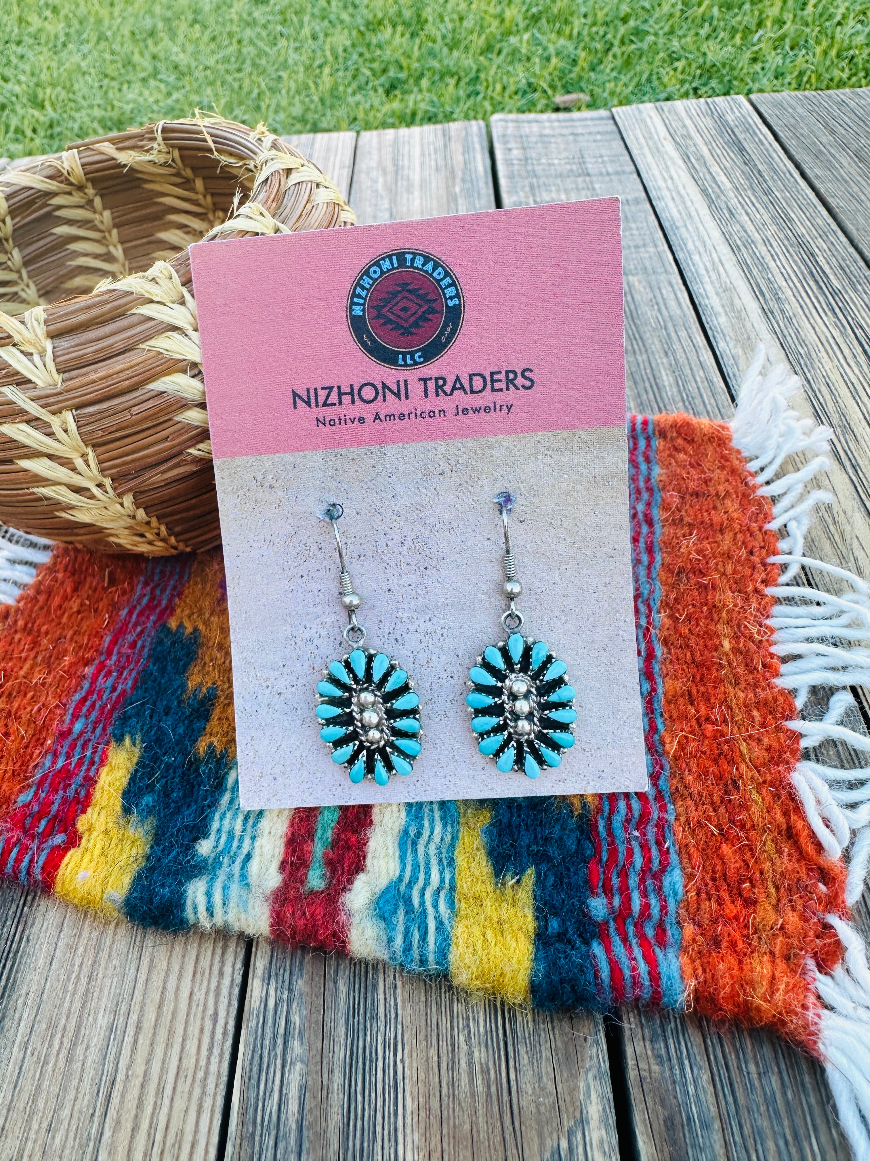 Handcrafted Old Pawn Sterling Silver & Turquoise Cluster Dangle Earrings