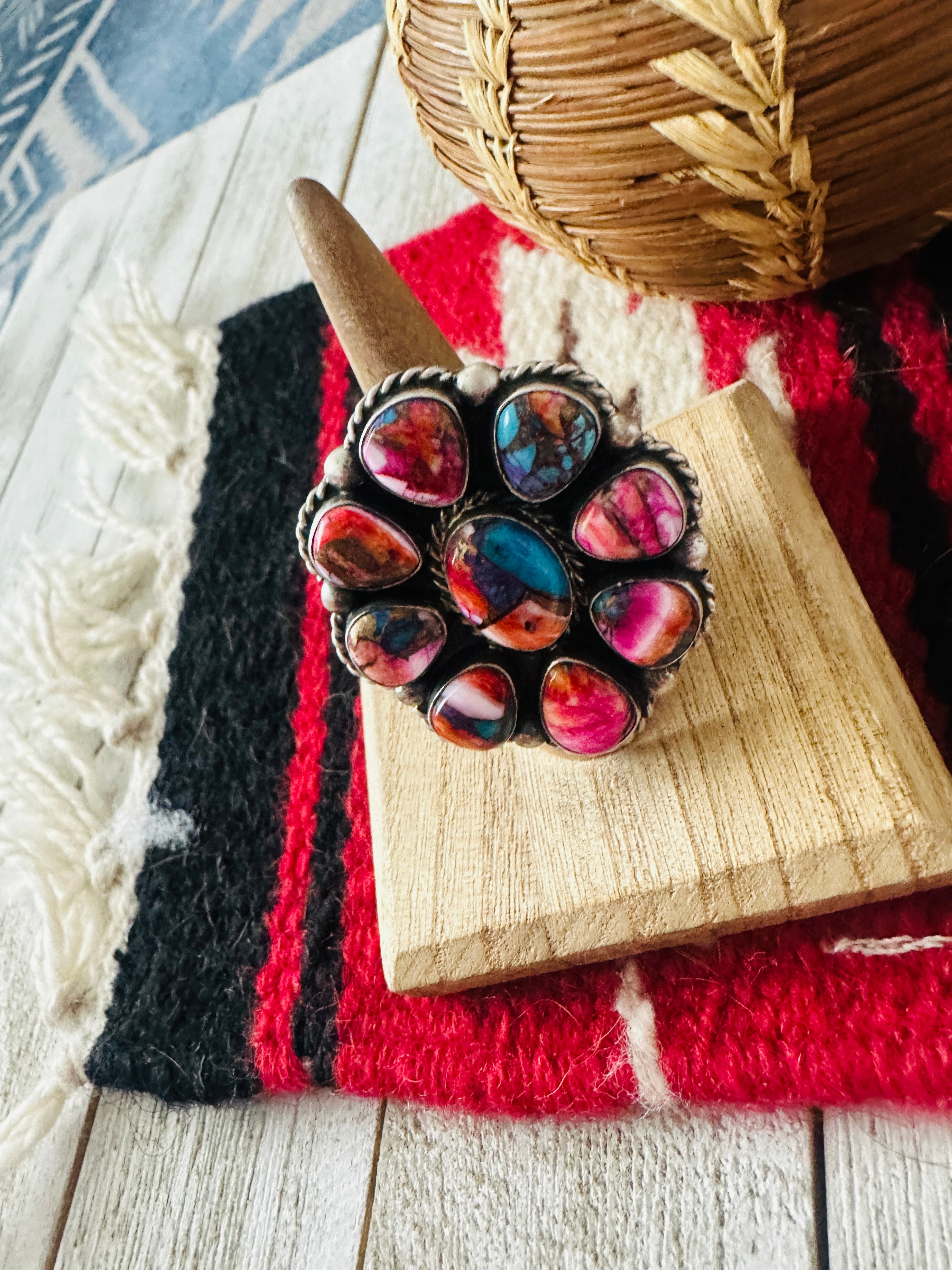 Handcrafted Sterling Silver & Pink Dream Mojave Cluster Adjustable Ring