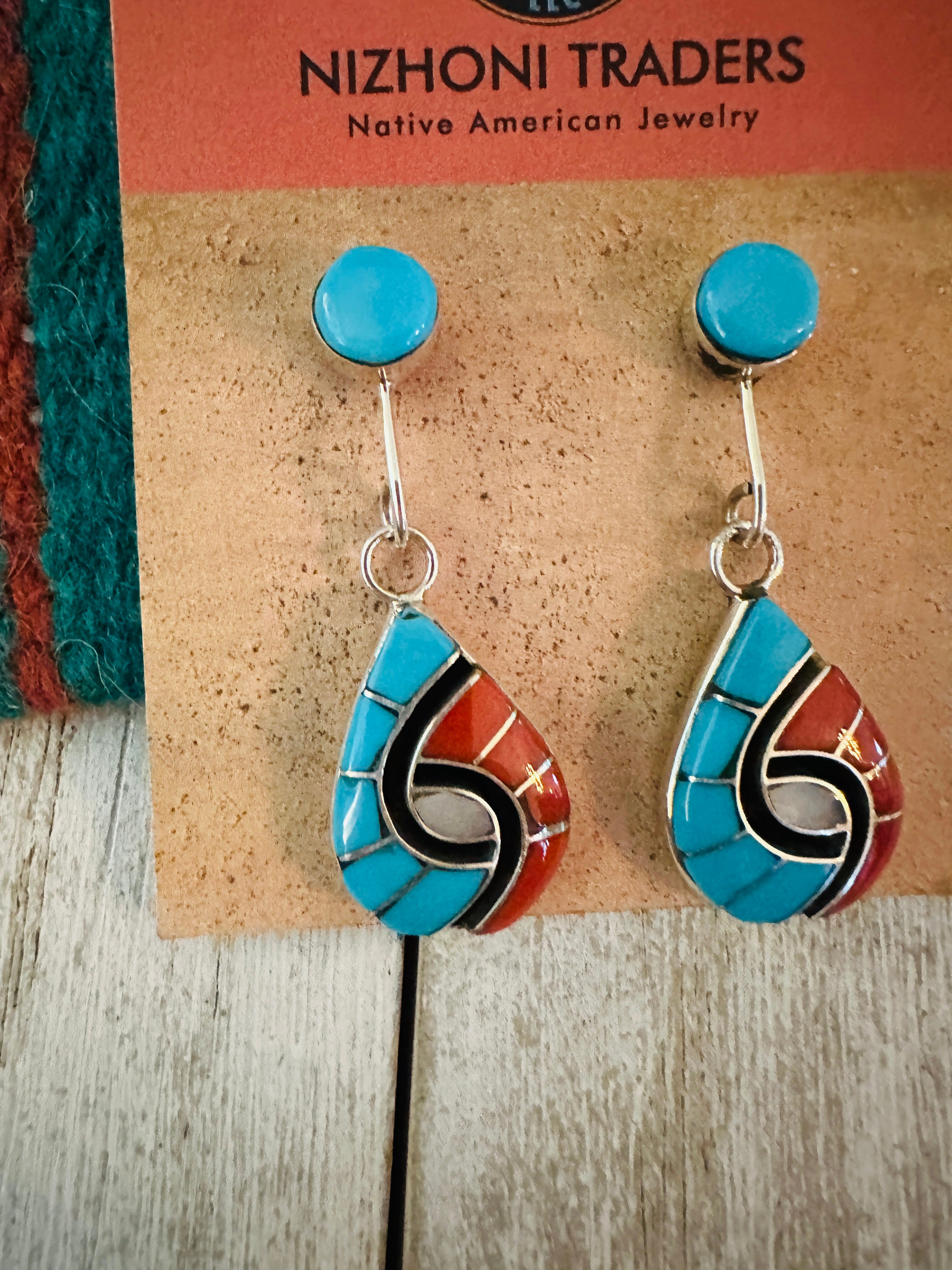 Zuni Multi Stone & Sterling Silver Inlay Dangle Earrings