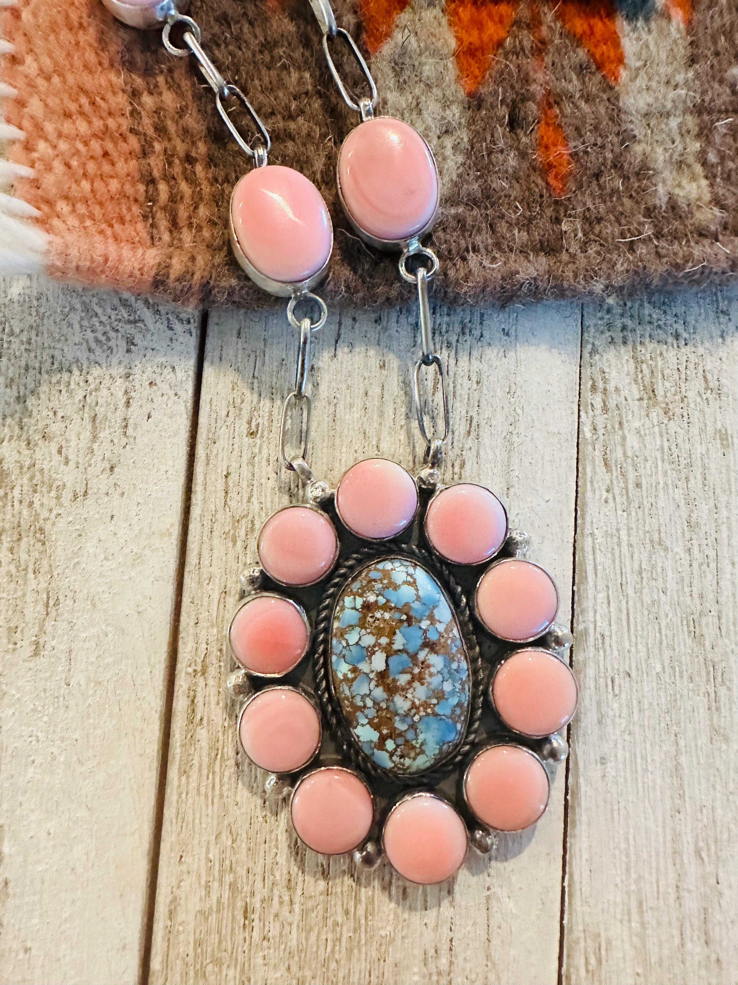 Navajo Turquoise, Queen Pink Conch & Sterling Silver Necklace Earrings Set