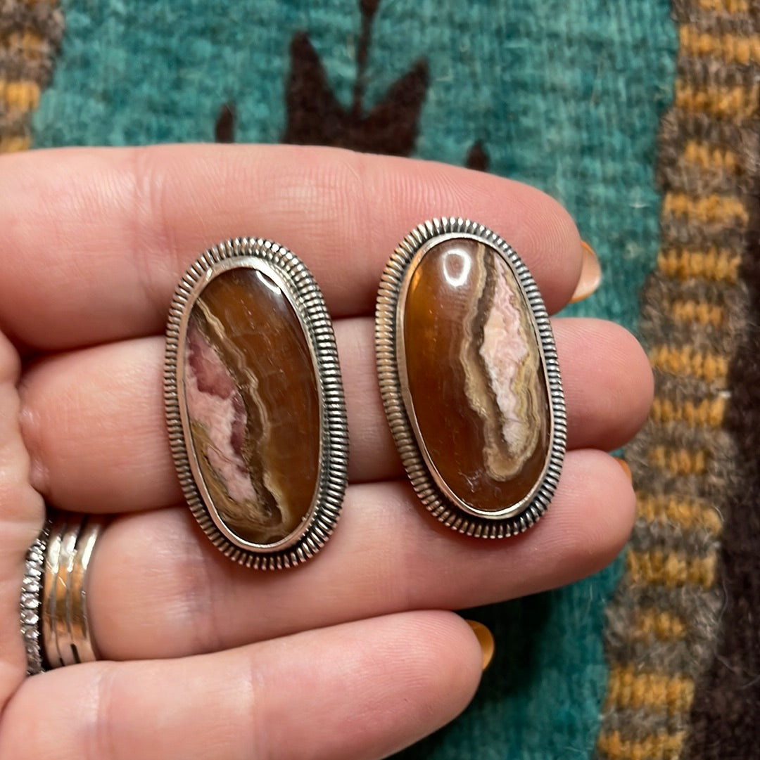 Navajo Sterling Silver & Rhodochrosite Stone Post Earrings