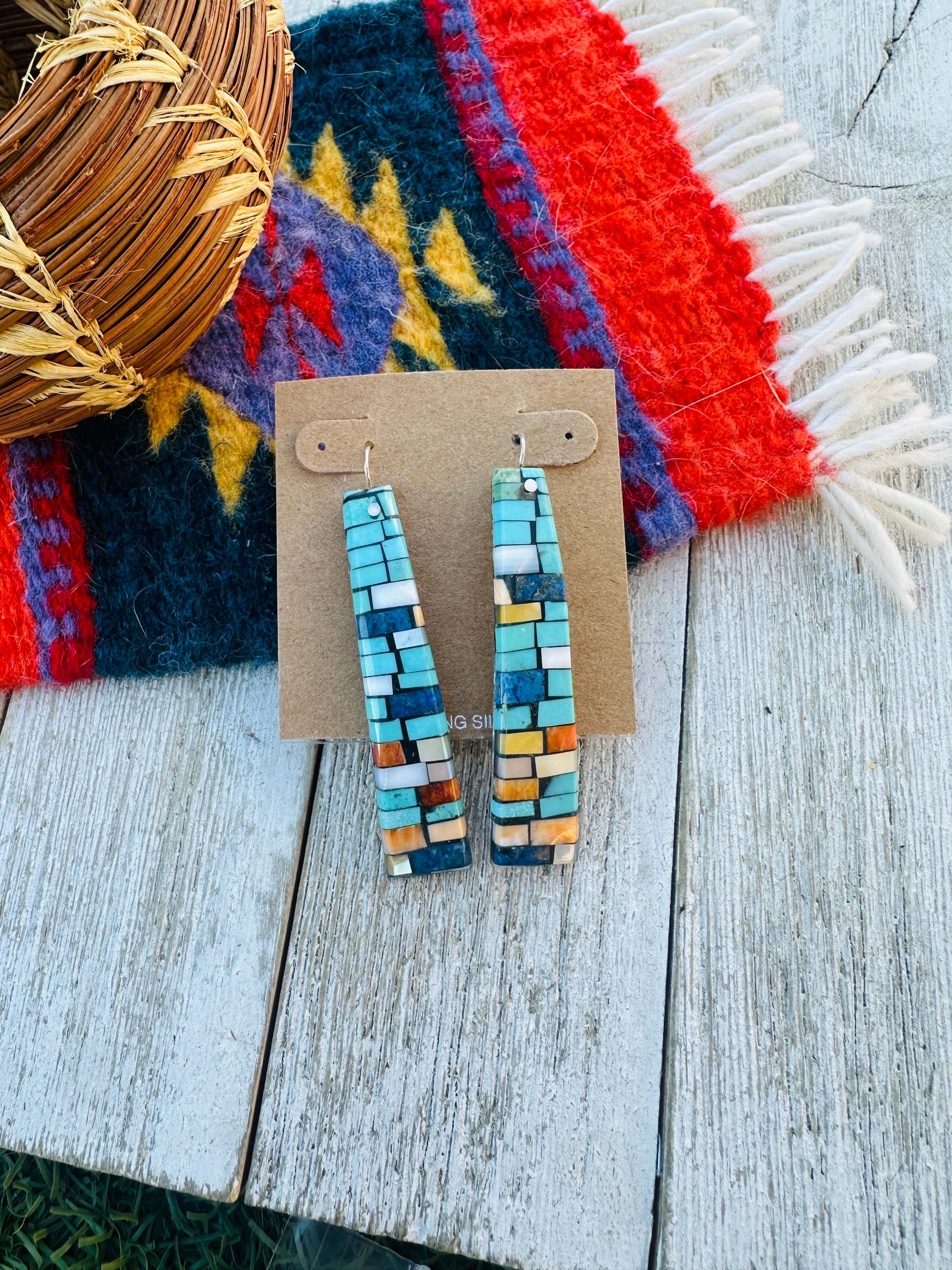 Handcrafted Multi Stone Inlay Shell Dangle Earrings