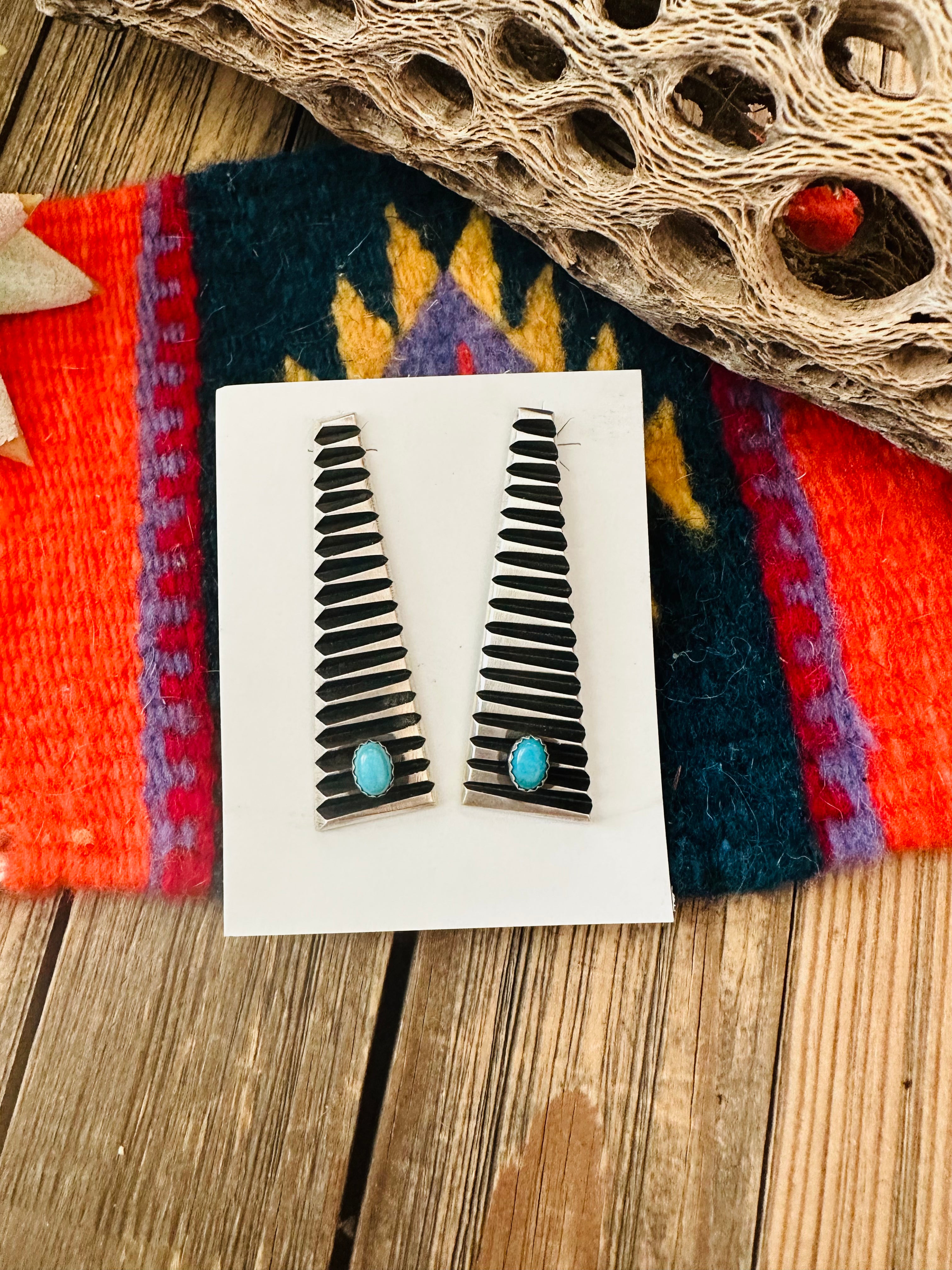 Navajo Turquoise & Sterling Silver Dangle Earrings By Leander Tahe