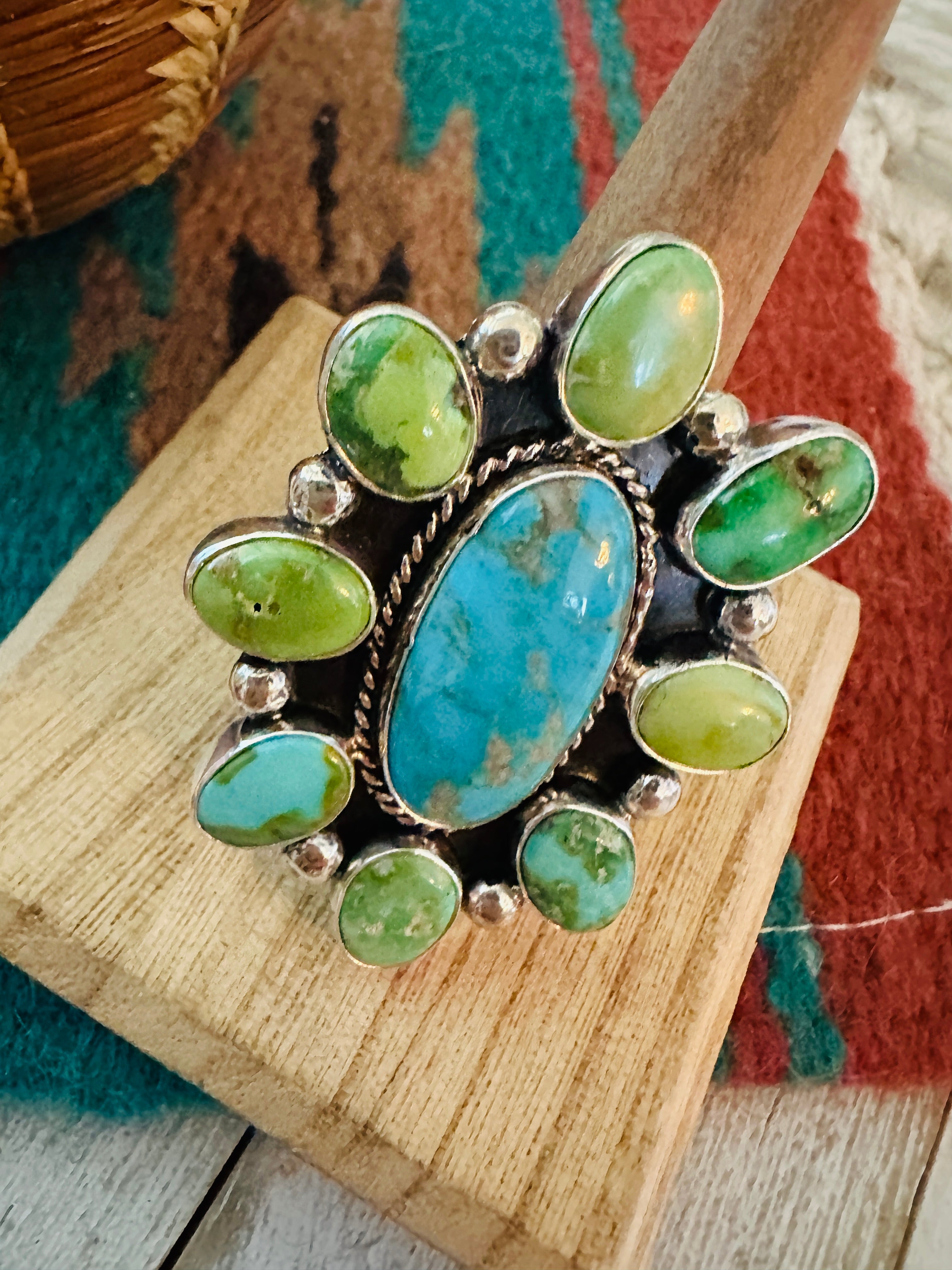 Handcrafted Sterling Silver & Multi Turquoise Cluster Adjustable Ring