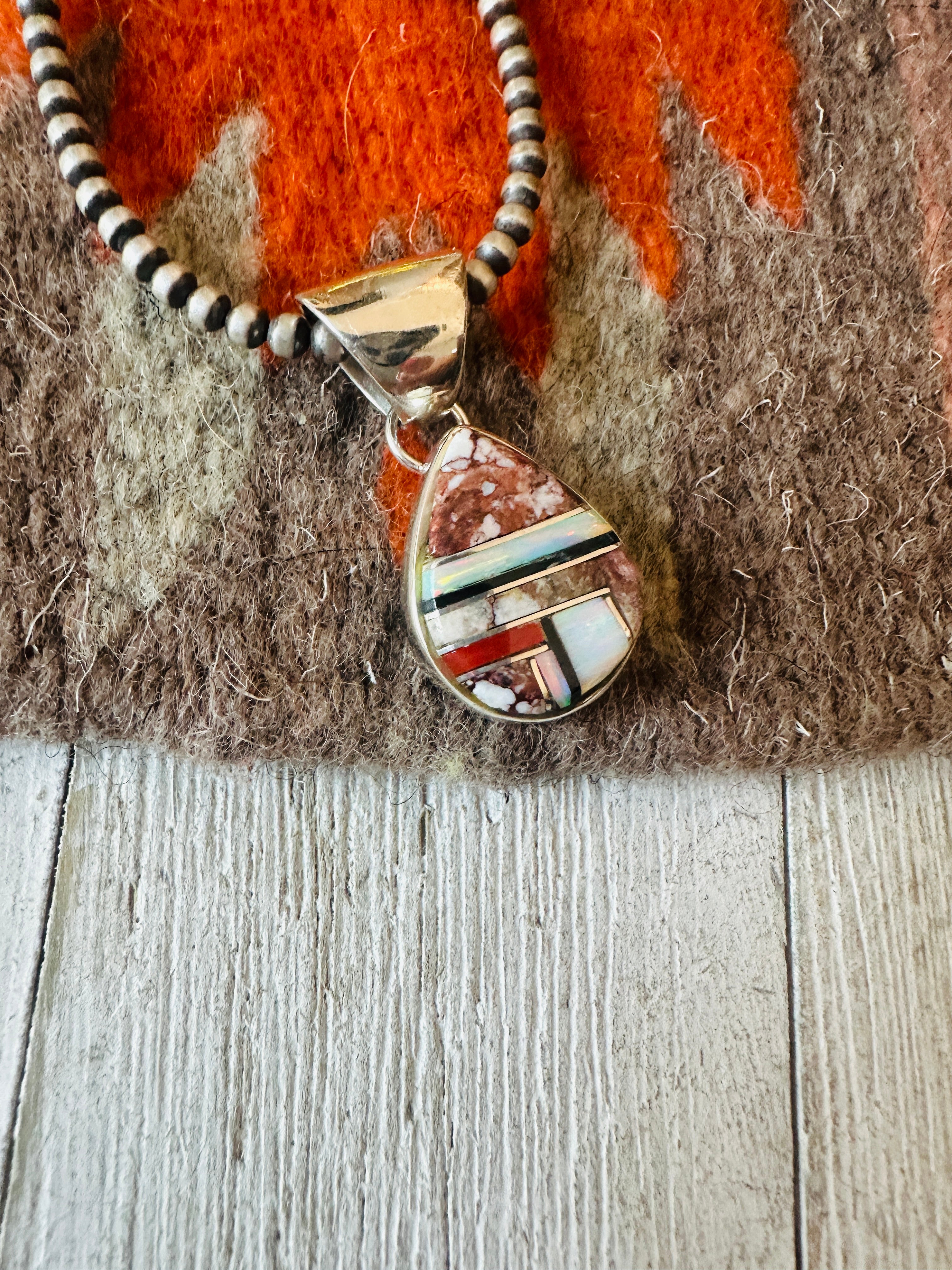 Navajo Multi Stone & Sterling Silver Inlay Teardrop Pendant