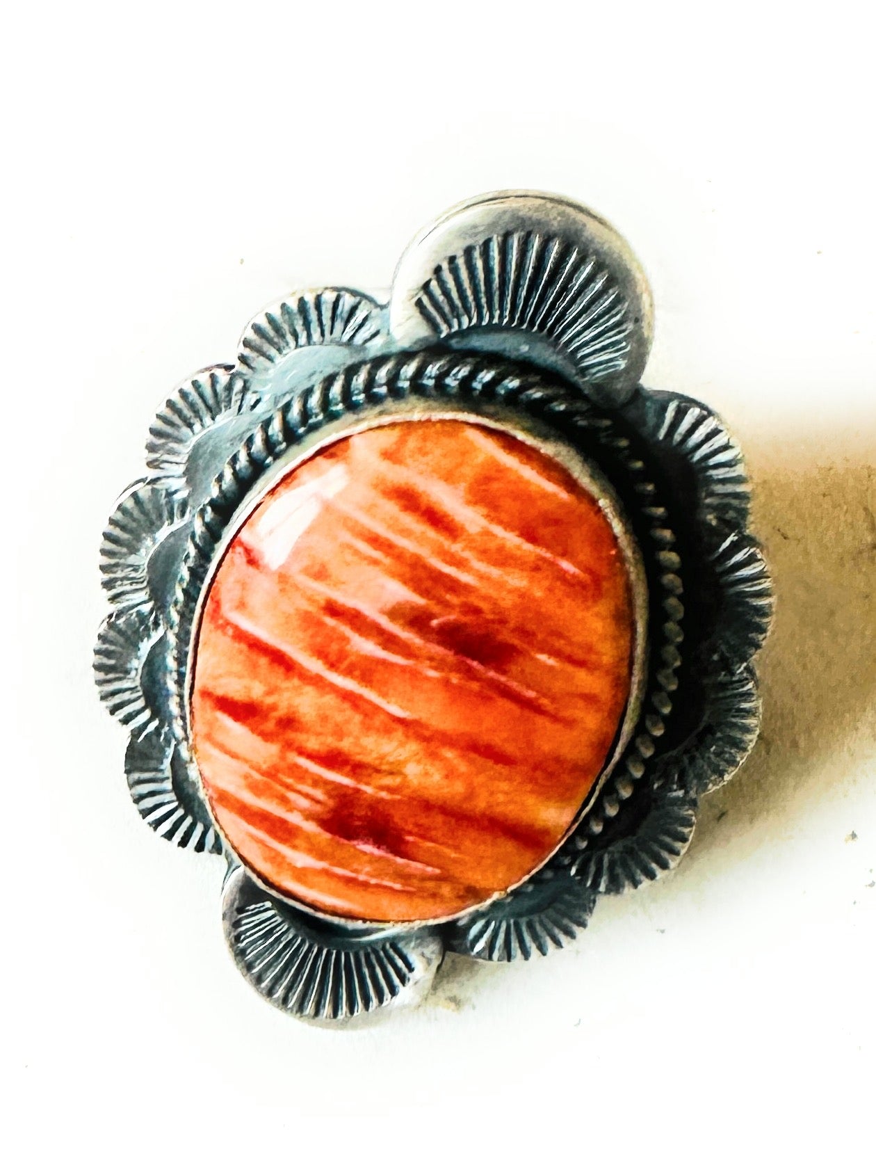 Navajo Sterling Silver & Orange Spiny Ring Size 8