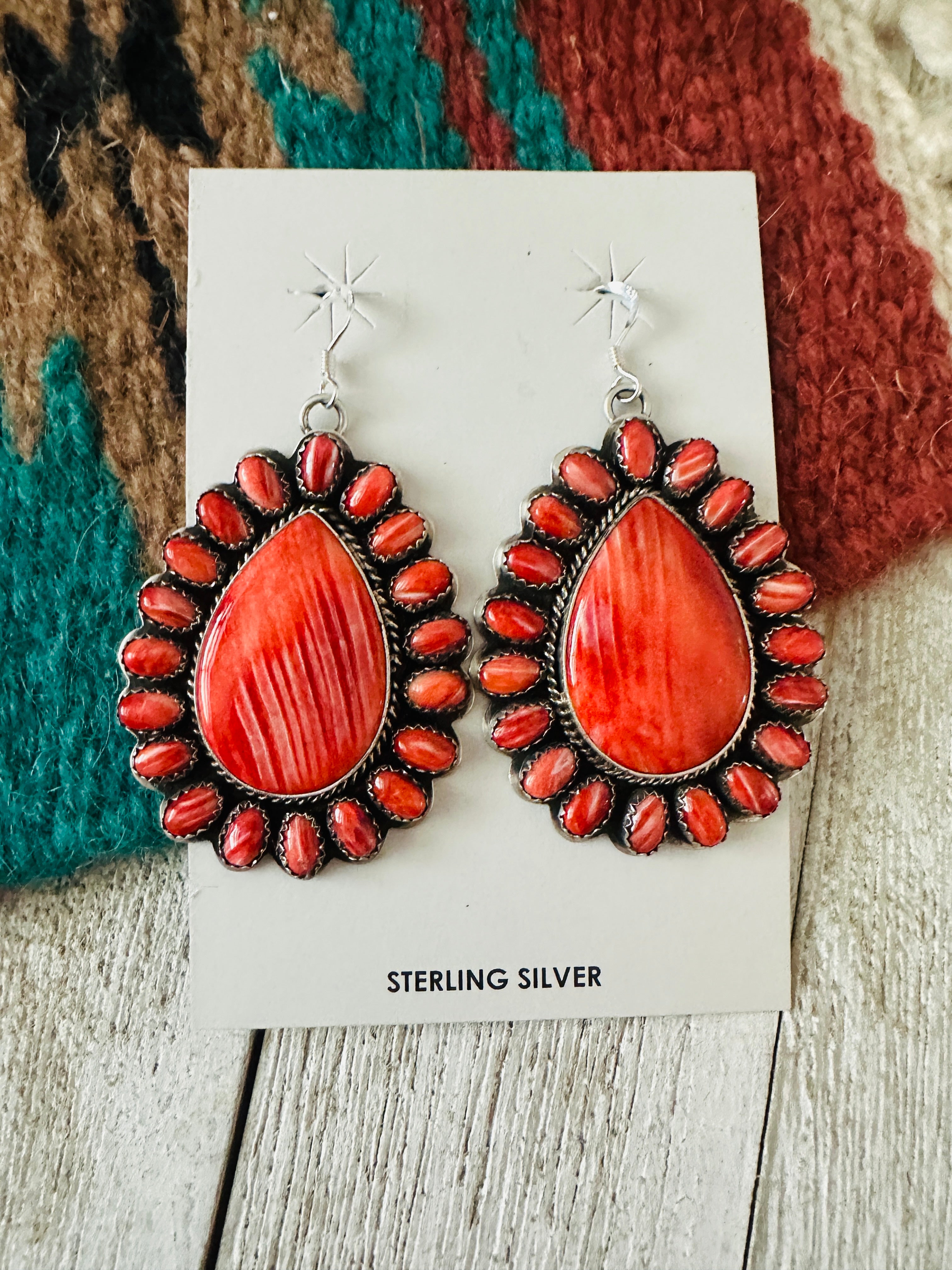 Navajo Sterling Silver & Red Spiny Cluster Dangle Earrings